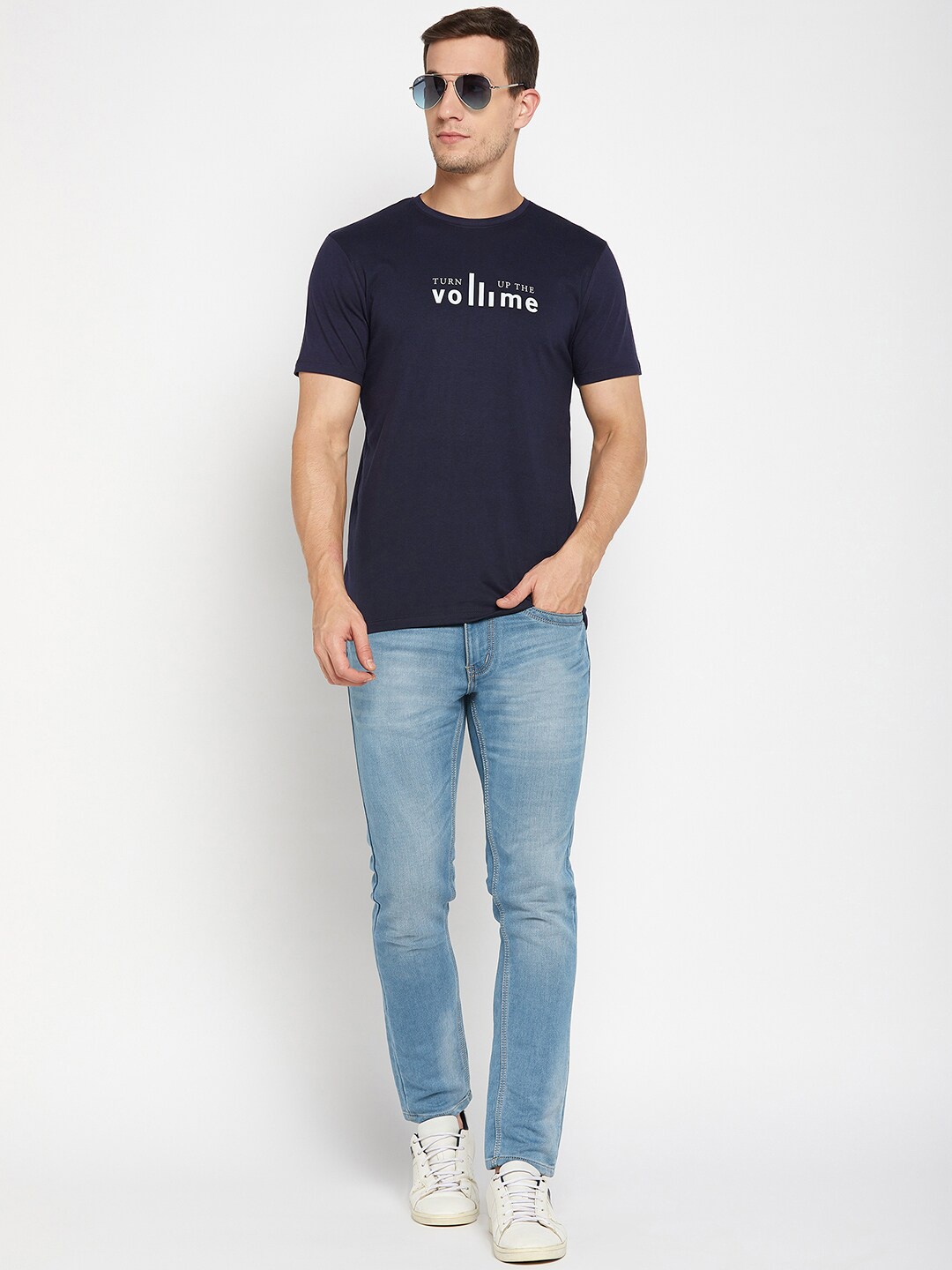 

Mast & Harbour Navy Blue Typography Printed Pure Cotton T-shirt