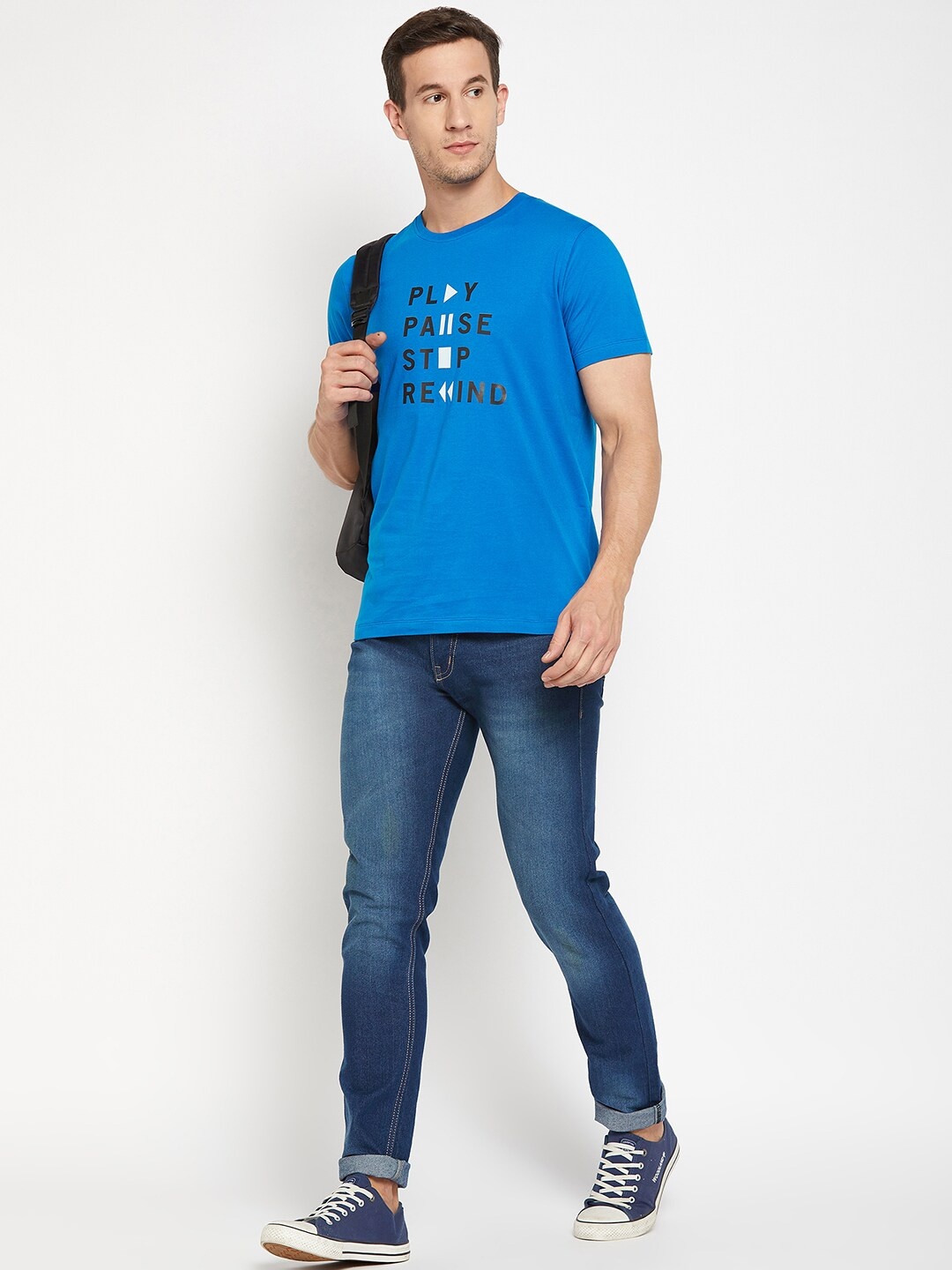 

Mast & Harbour Blue Typography Printed Cotton T-shirt