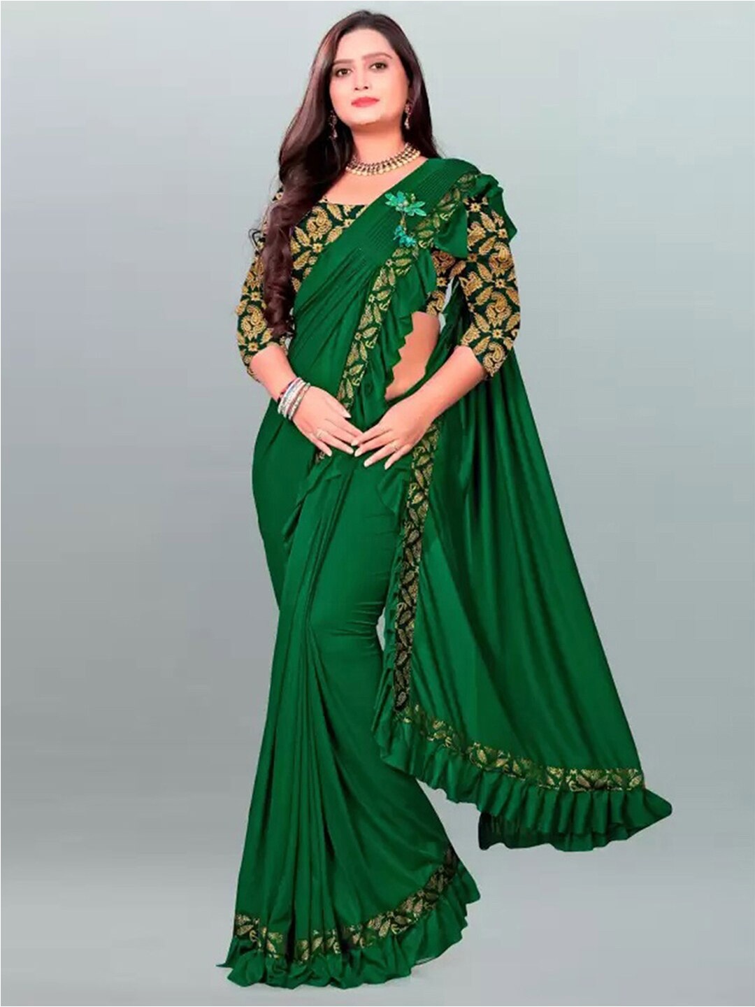 

KALINI Saree With Embellished Ruffles Border, Green