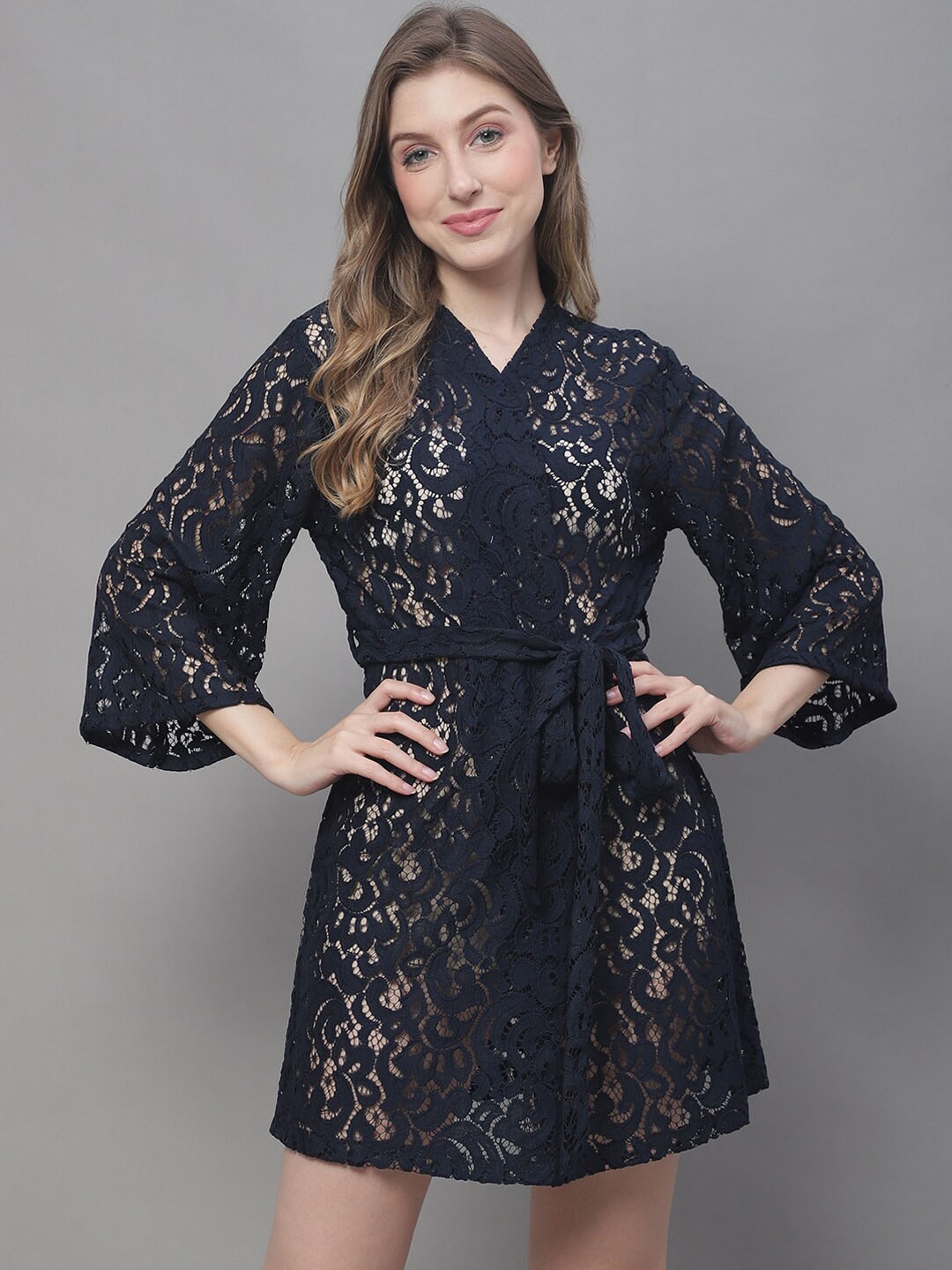 

Claura V-Neck Net lace Cotton Robe, Navy blue