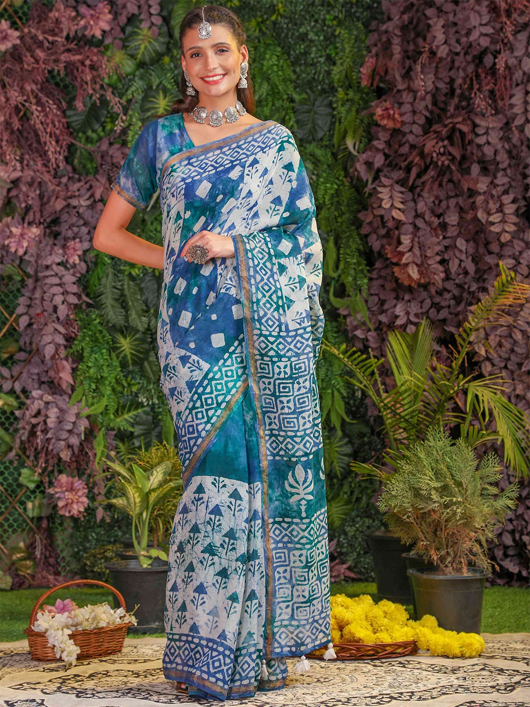 

elora Batik Printed Zari Pure Cotton Bhagalpuri Saree, Blue