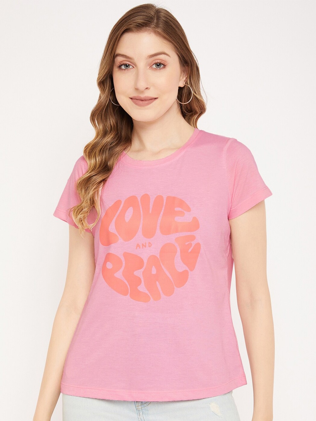 

Mast & Harbour Pink Typography Printed Pure Cotton T-shirt
