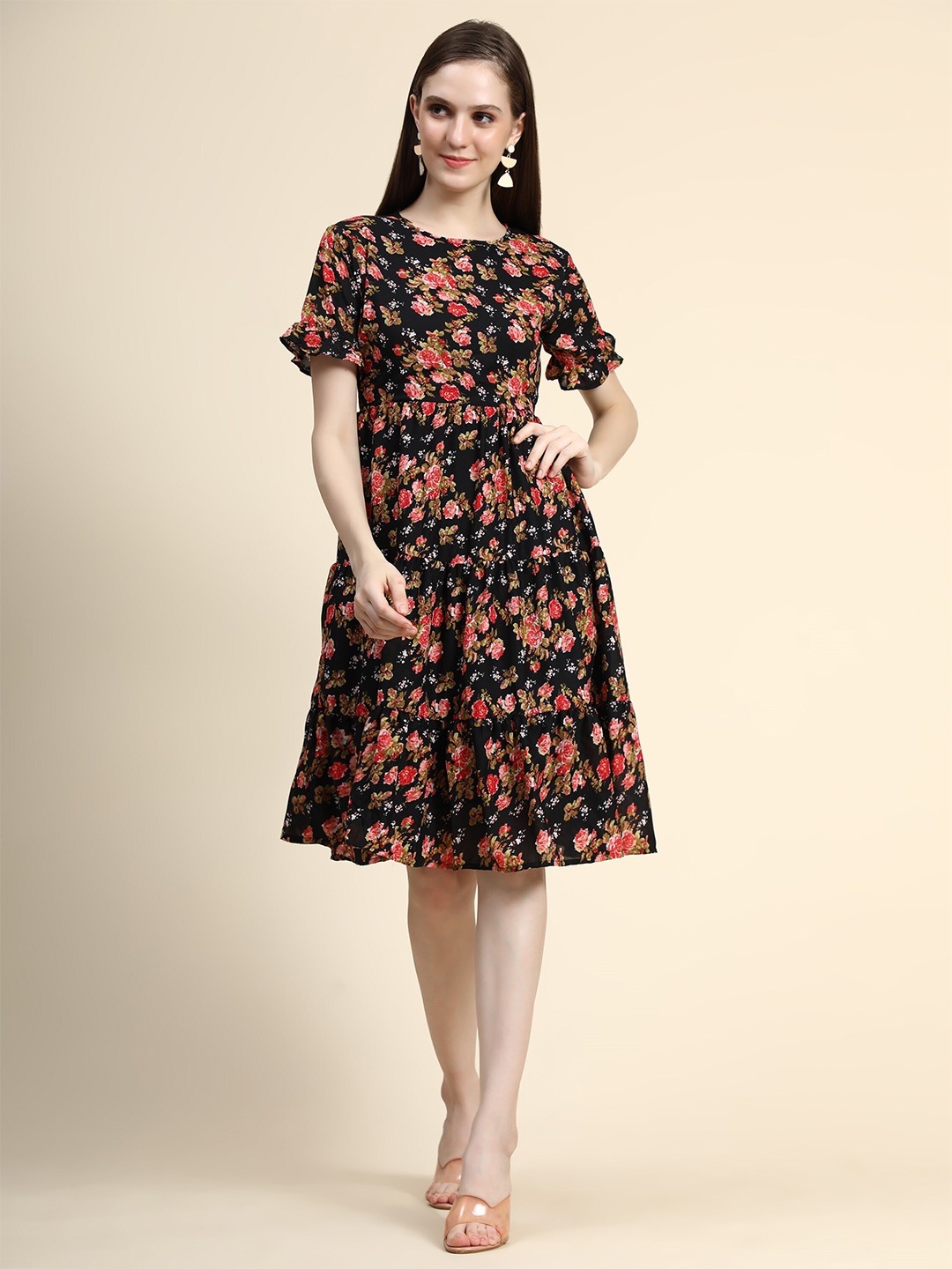 

KALINI Floral Printed Bell Sleeves A-Line Dress, Black