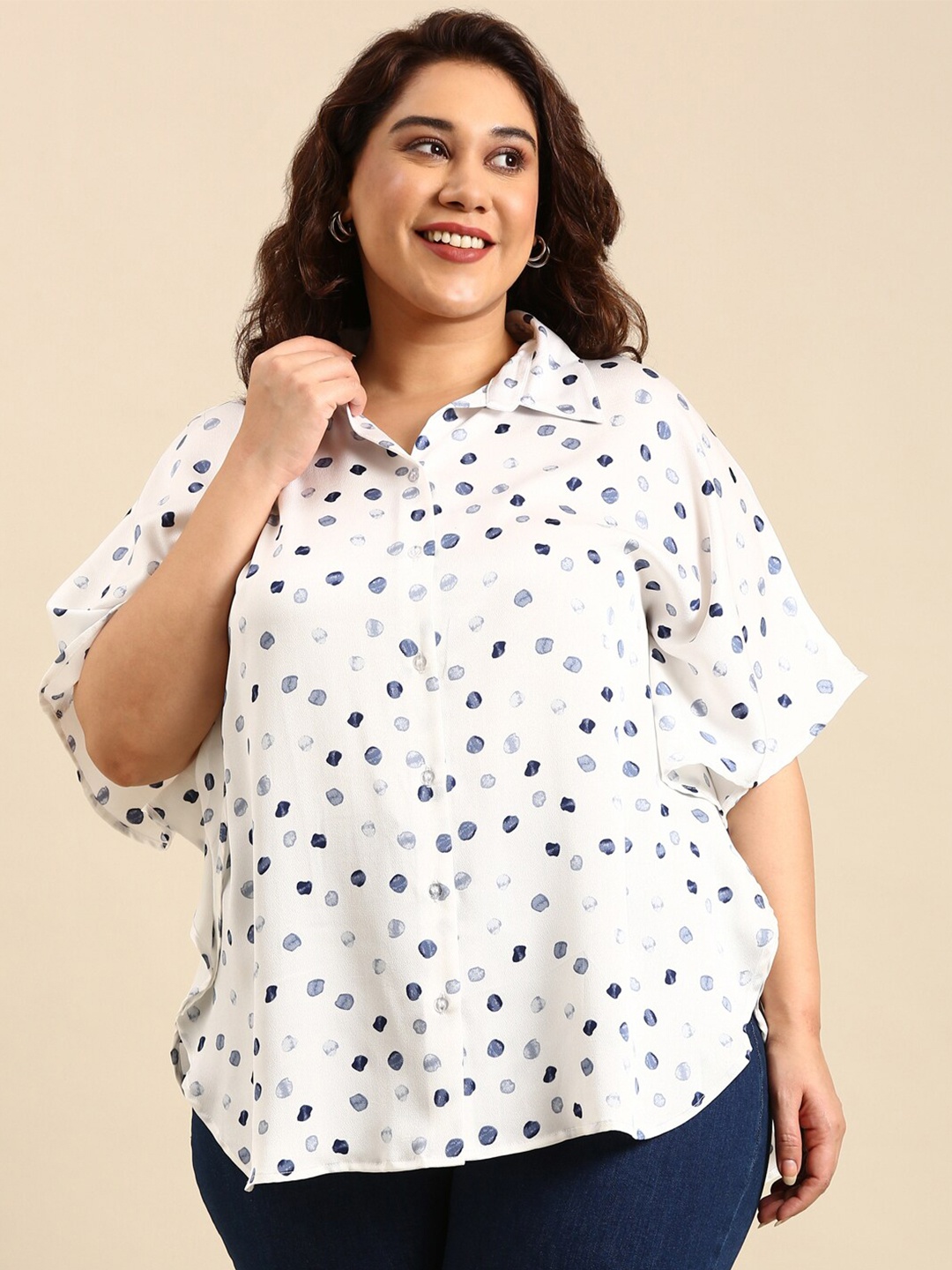 

The Pink Moon Plus Size Spread Collar Abstract Printed Satin Casual Shirt, White