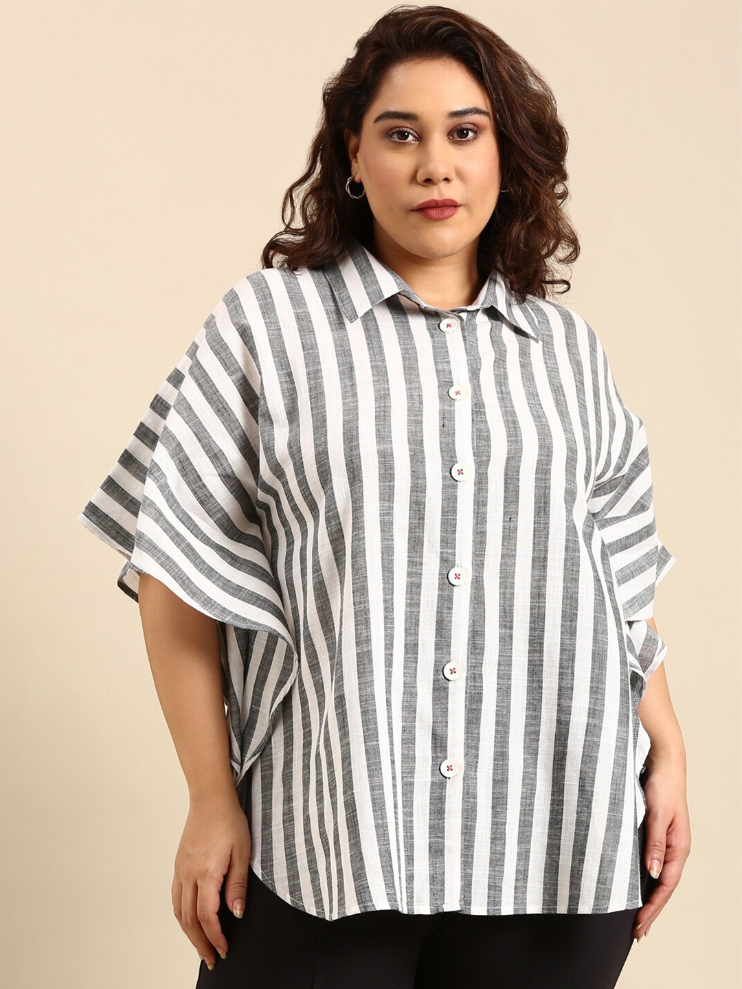 

The Pink Moon Plus Size Vertical Striped Cotton Casual Shirt, Grey