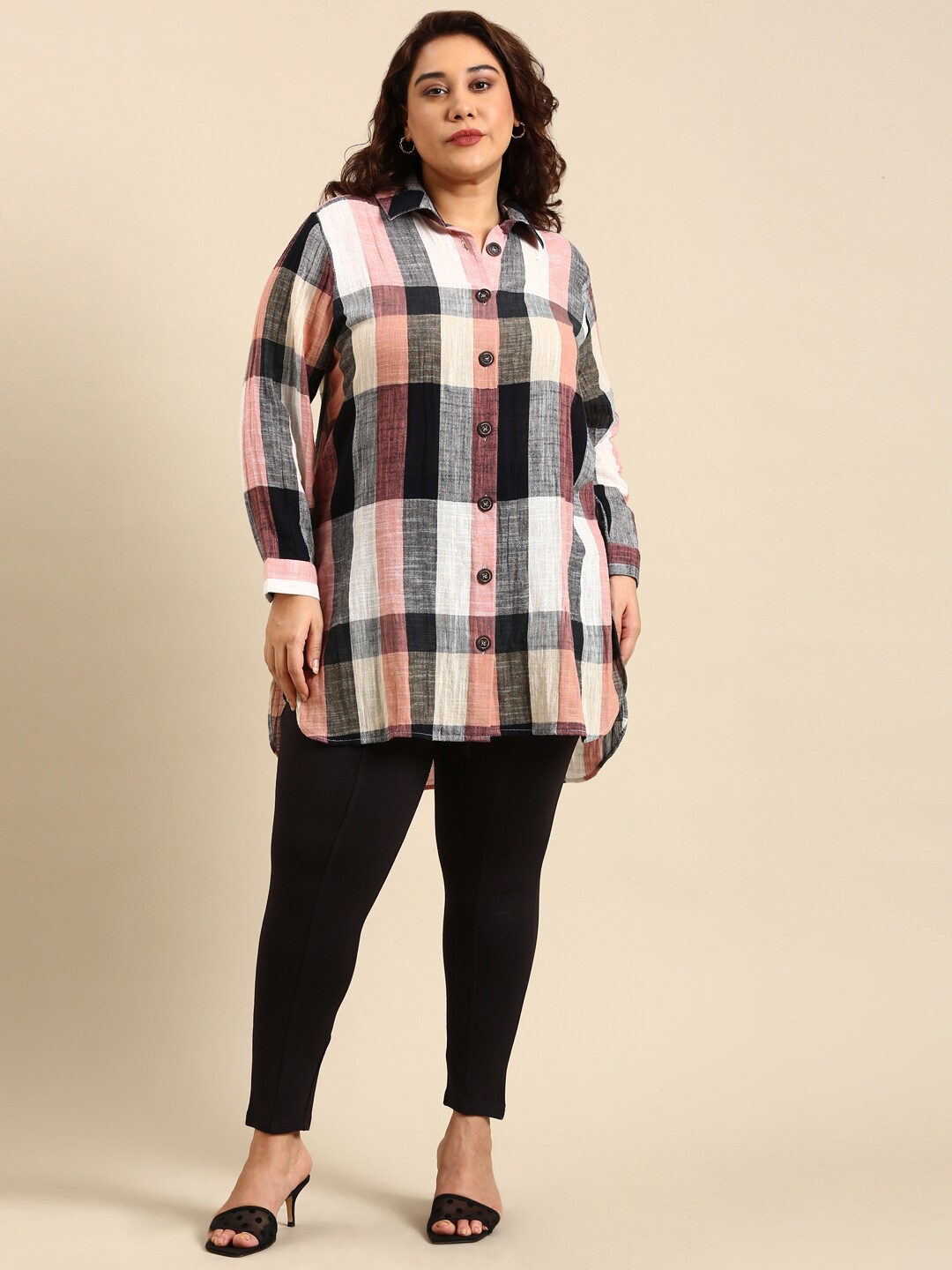 

The Pink Moon Plus Size Tartan Checked Cotton Casual Shirt, Black