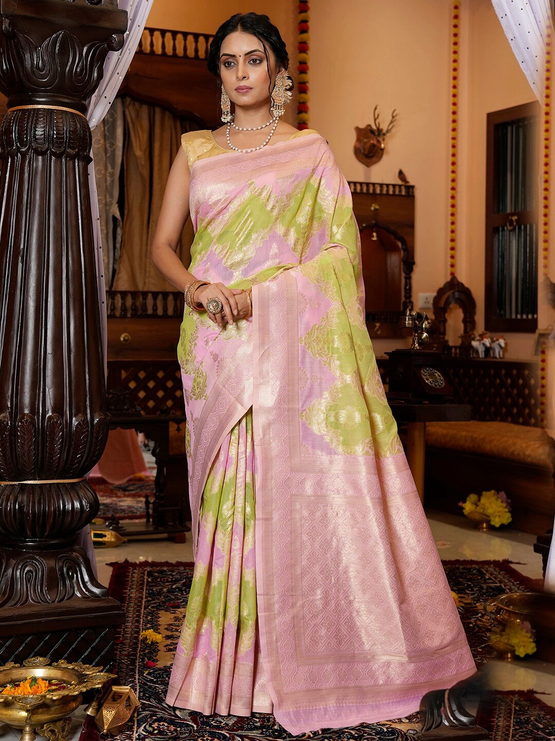 

Satrani Pink & Green Ethnic Motif Woven Design Zari Silk Cotton Banarasi Saree