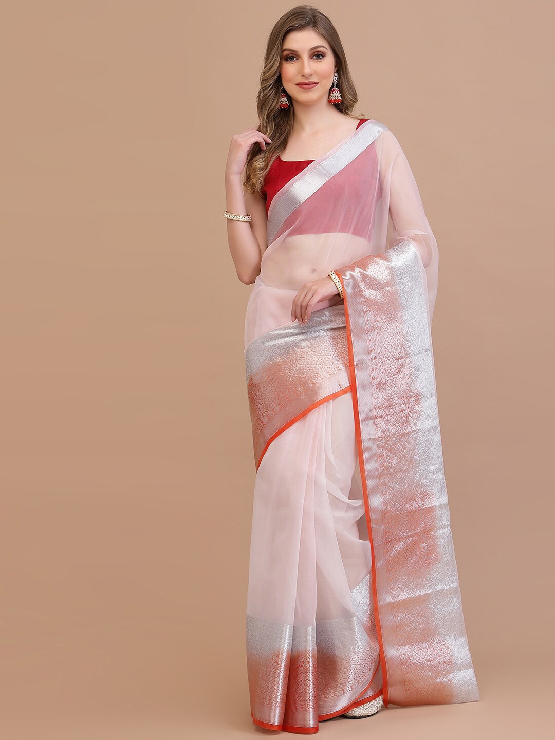 

Mitera Organza Saree With Woven Zari Border, Pink