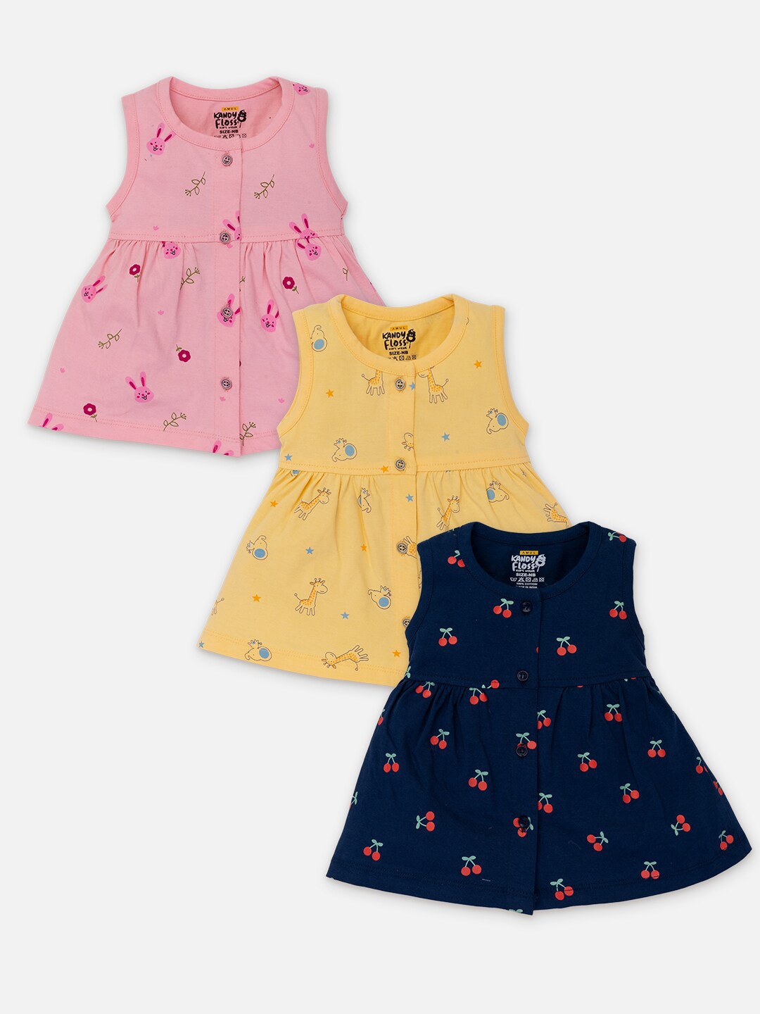 

AMUL Kandyfloss Infants Girls Pack Of 3 Printed Pure Cotton A-Line Dress, Navy blue