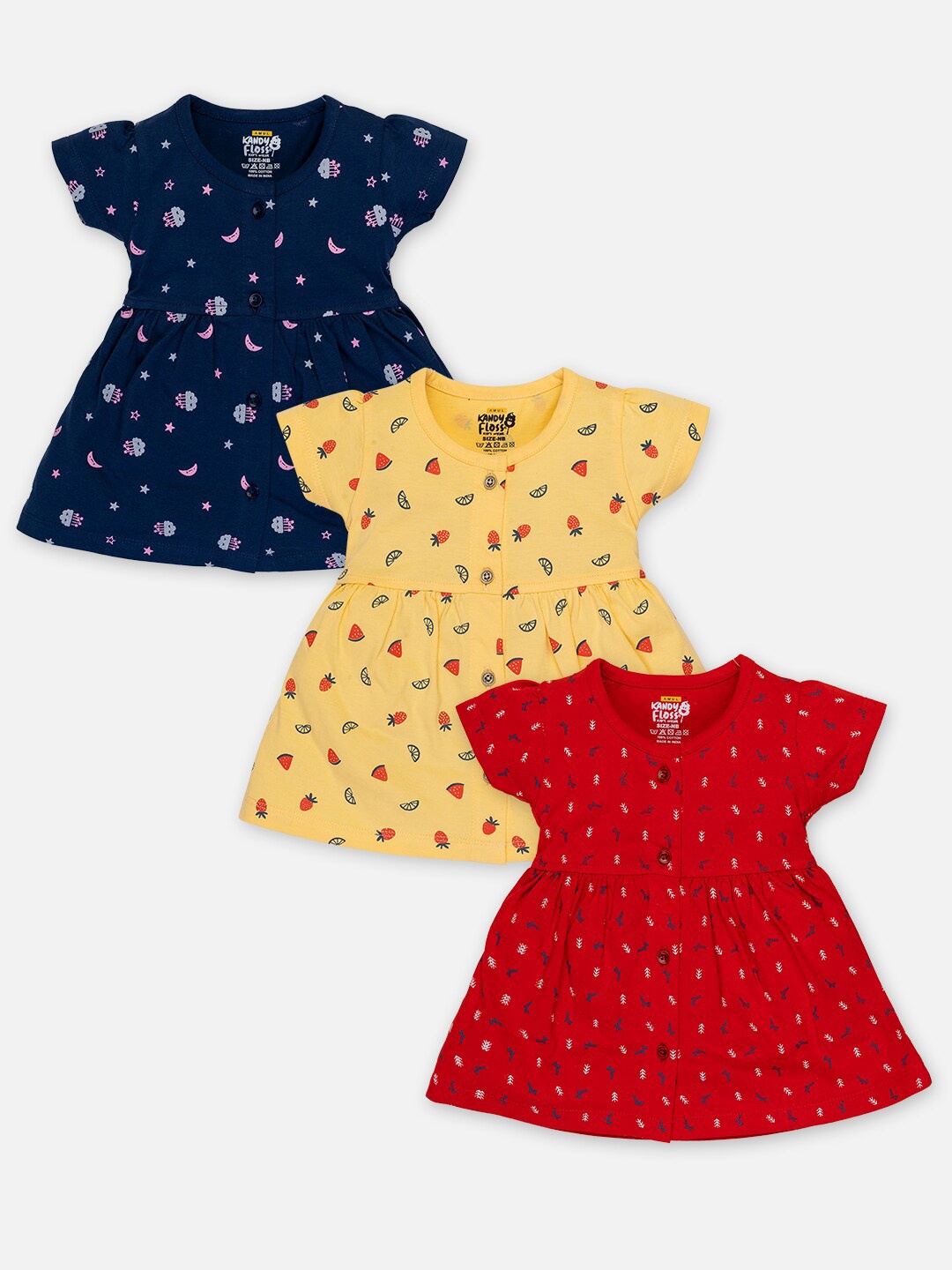 

AMUL Kandyfloss Girls Pack of 3 Conversational Print Fit & Flare Dress, Navy blue