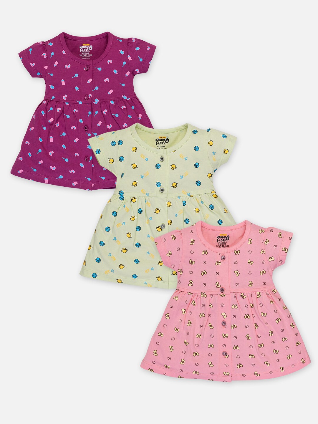 

AMUL Kandyfloss Girls Pack of 3 Convversational Print Fit & Flare Dress, Purple