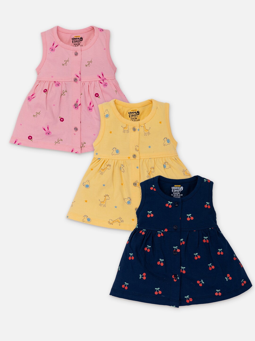 

AMUL Kandyfloss Infants Girls Pack Of 3 Printed Pure Cotton A-Line Dress, Navy blue