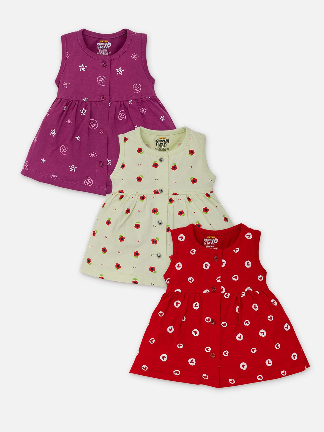 

AMUL Kandyfloss Infants Girls Pack Of 3 Printed Pure Cotton A-Line Dress, Red