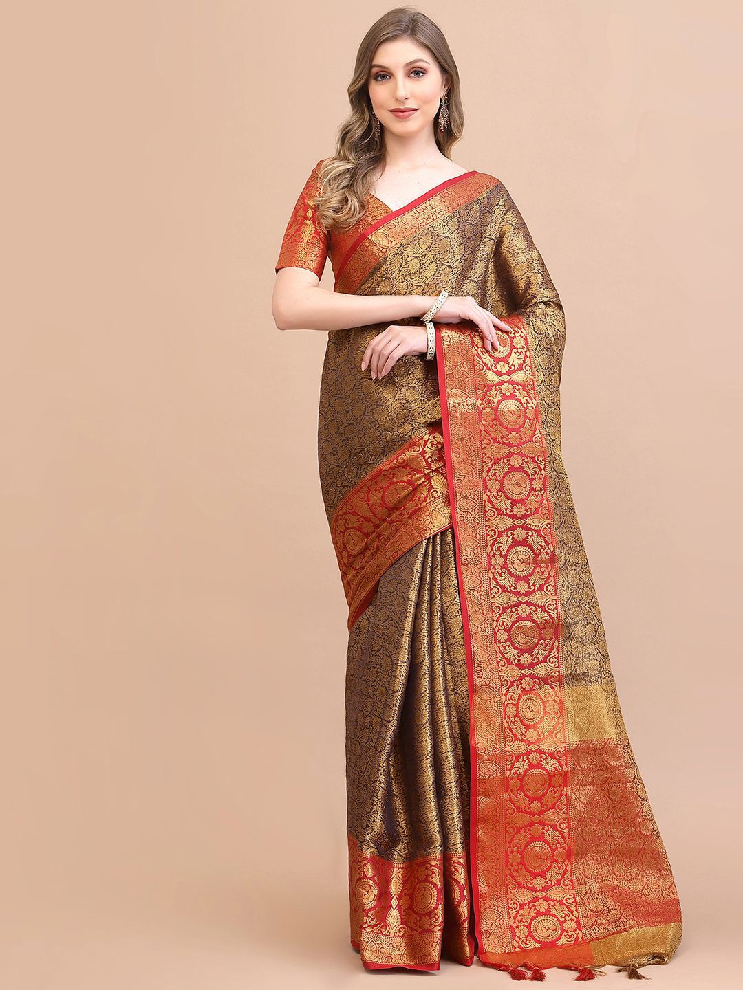 

Mitera Ethnic Motif Silk Cotton Banarasi Zari Saree With Tassel, Gold