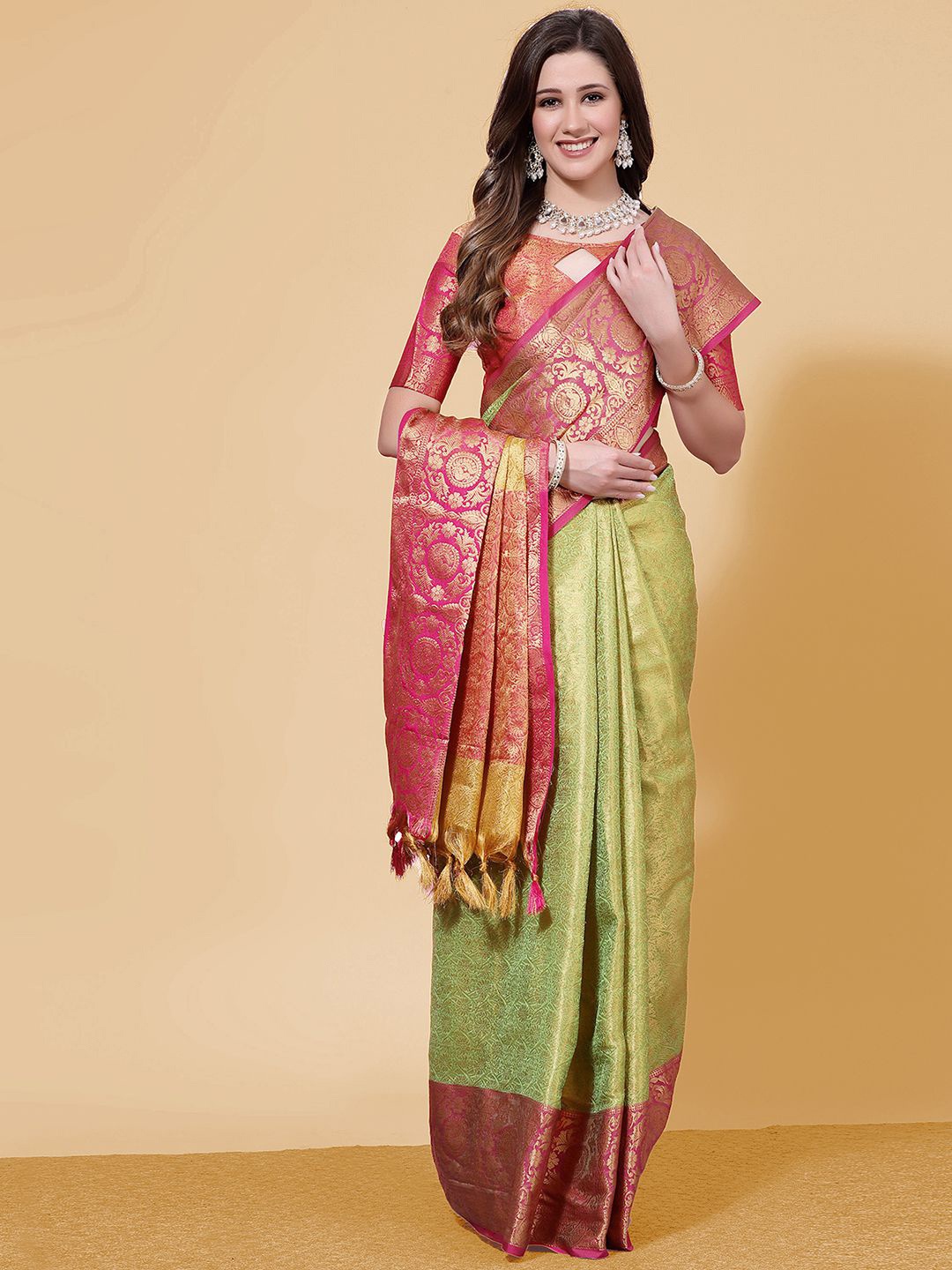 

Mitera Green & Red Woven Design Zari Silk Cotton Banarasi Saree