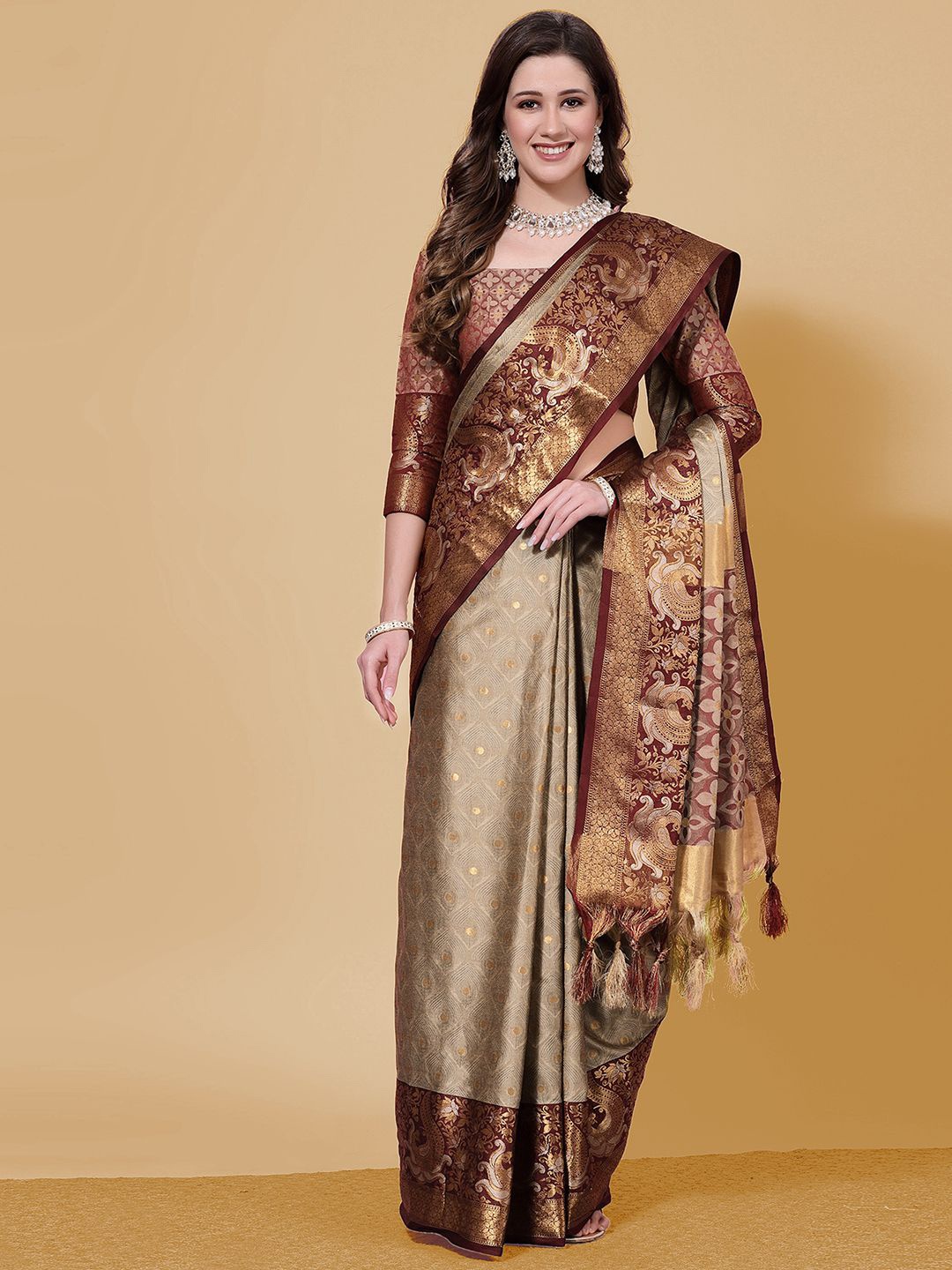 

Mitera Beige Woven Design Silk Blend Designer Banarasi Saree