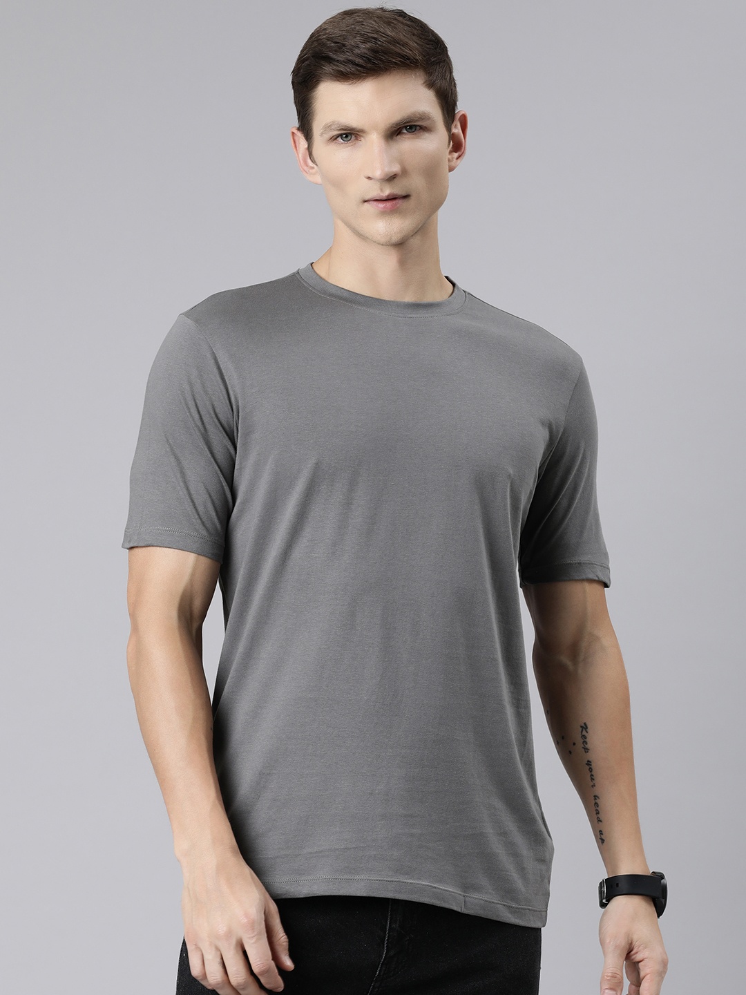

Huetrap Round Neck Cotton T-shirt, Grey