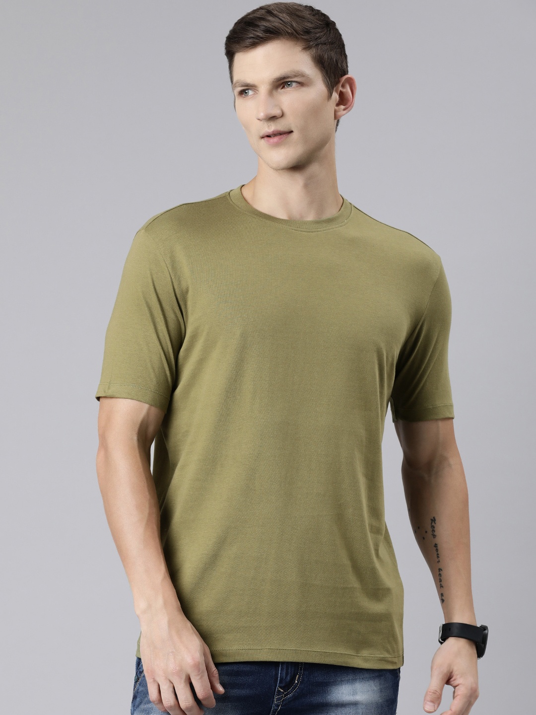 

Huetrap Round Neck Cotton T-shirt, Olive