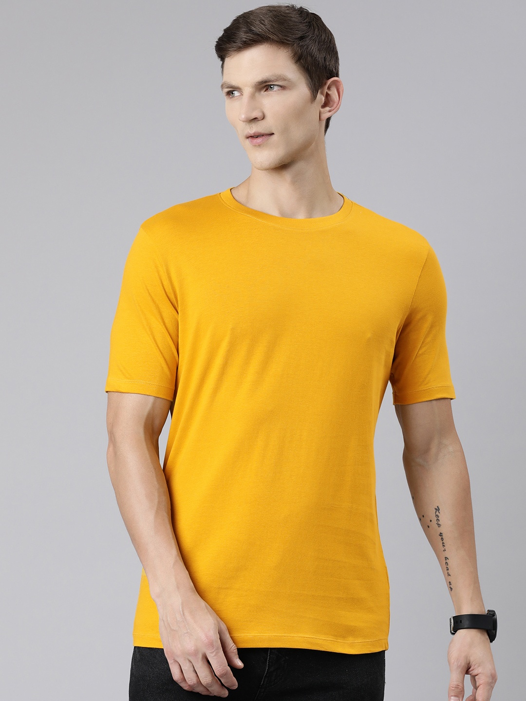 

Huetrap Round Neck Cotton T-shirt, Mustard