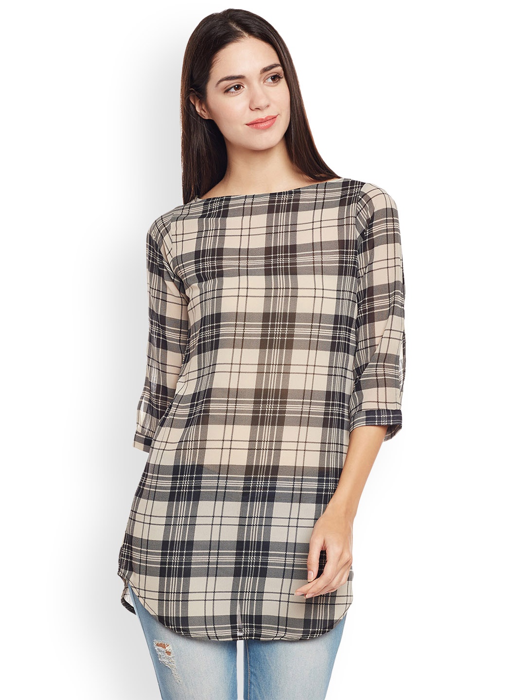 

Ruhaans Beige & Grey Checked Tunic