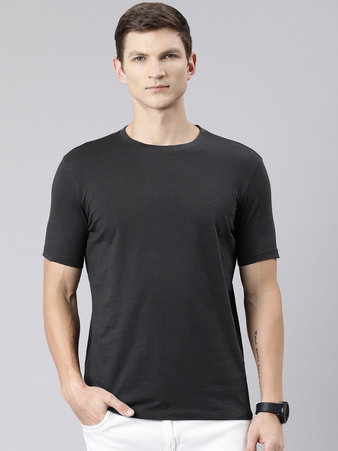 

Huetrap Round Neck Cotton T-shirt, Charcoal