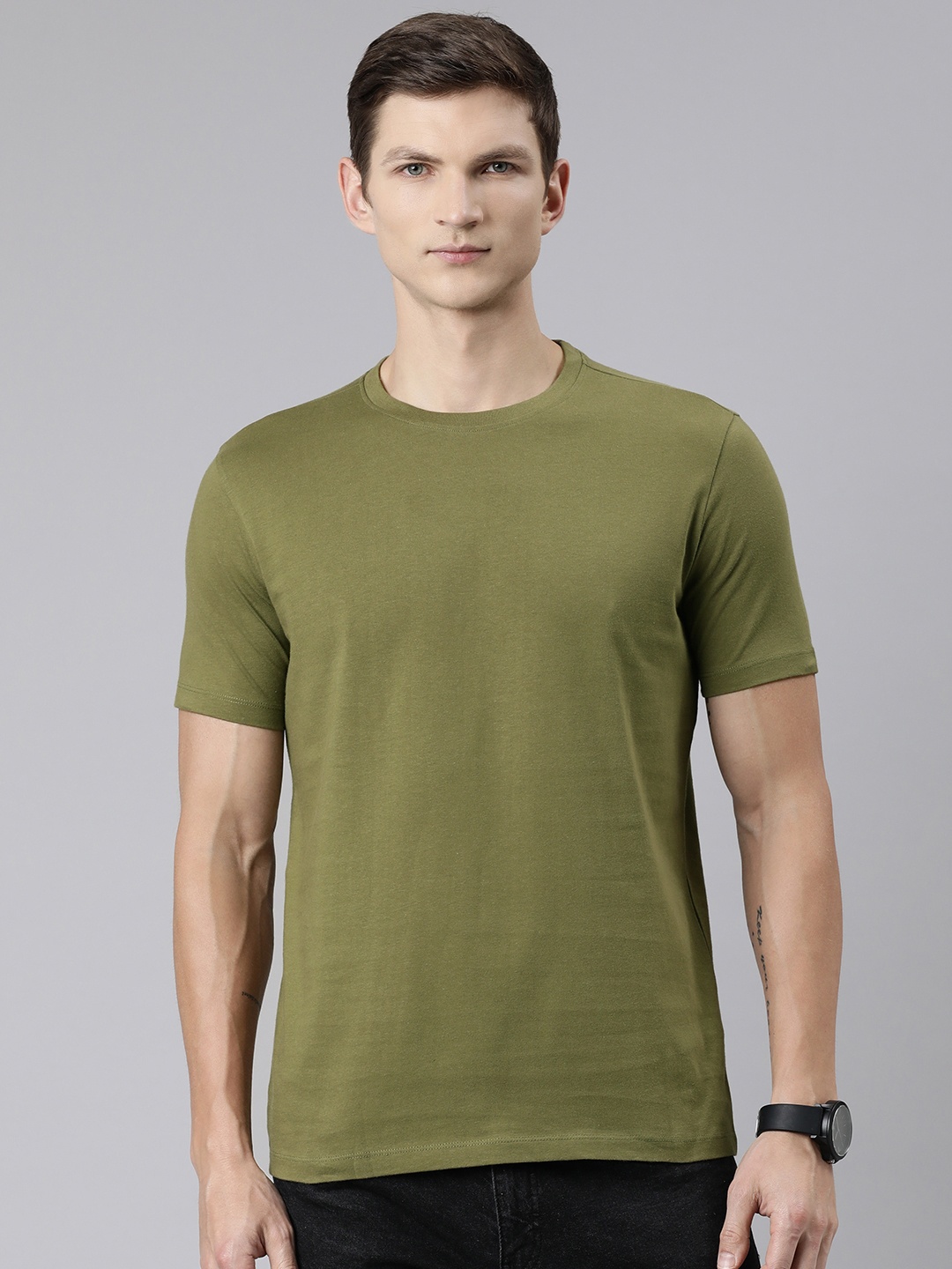 

Huetrap Round Neck Cotton T-shirt, Olive