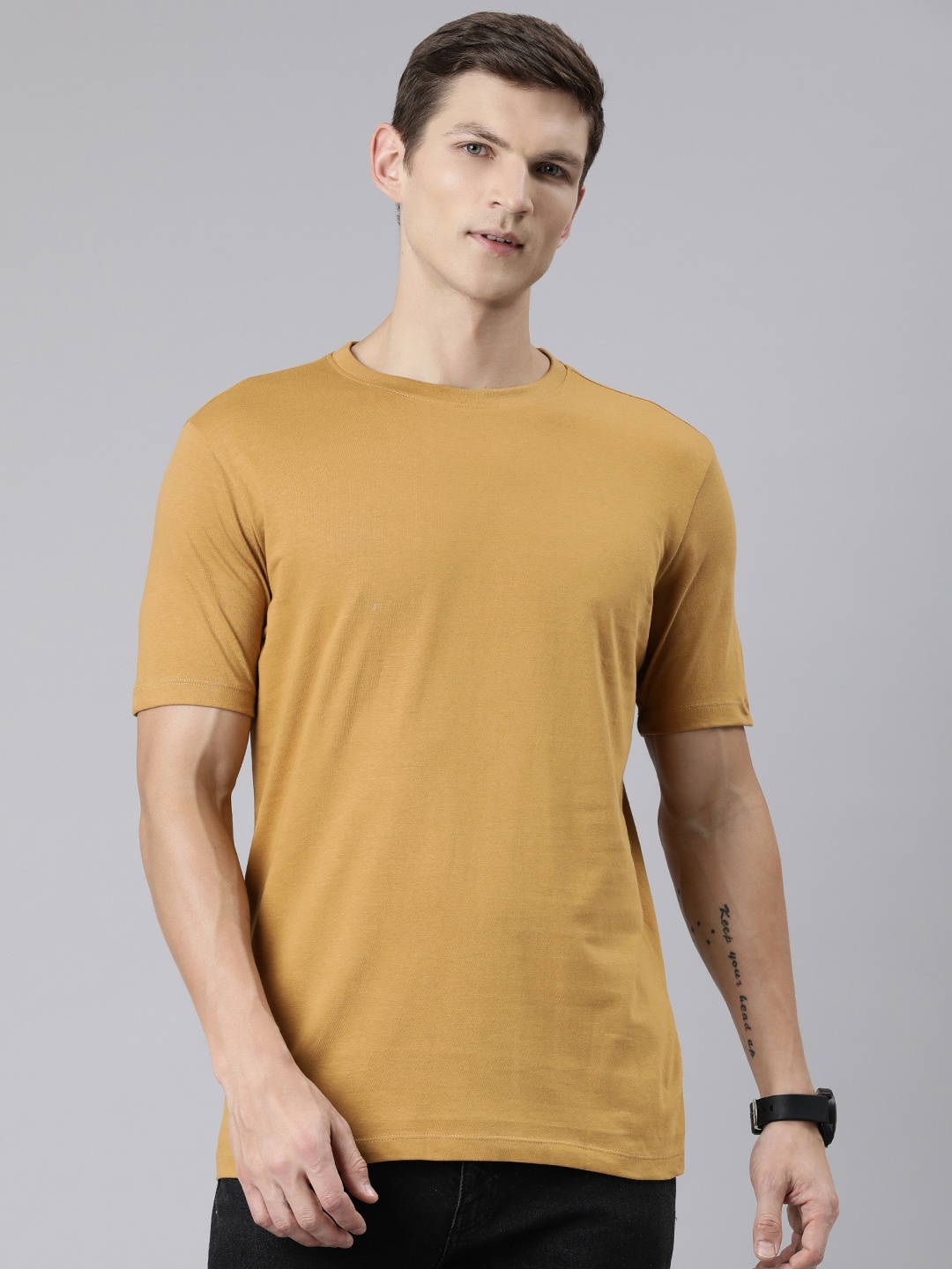 

Huetrap Round Neck Cotton T-shirt, Mustard