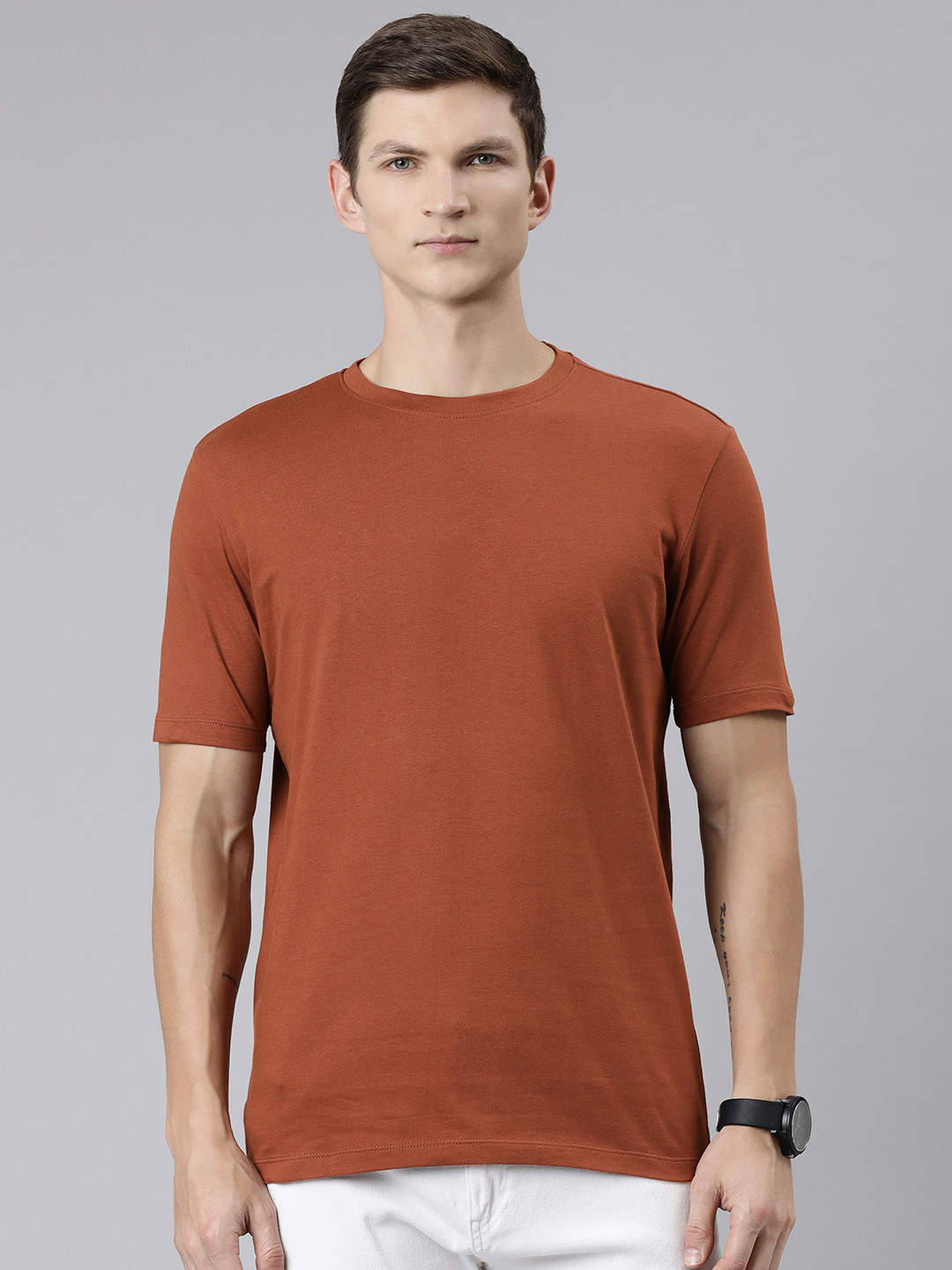 

Huetrap Round Neck Cotton T-shirt, Brown