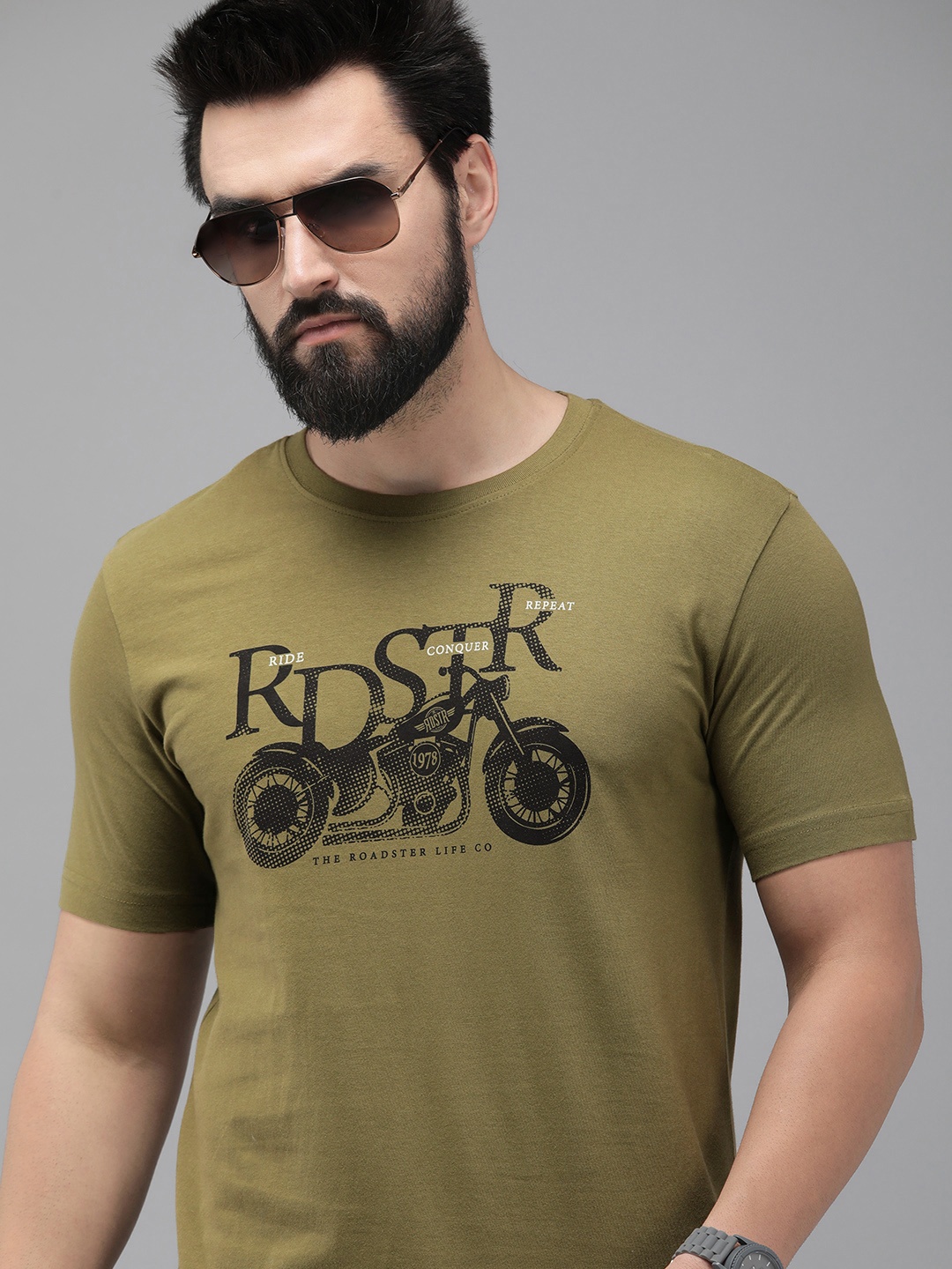 

Roadster Men Olive Green Printed T-shirt