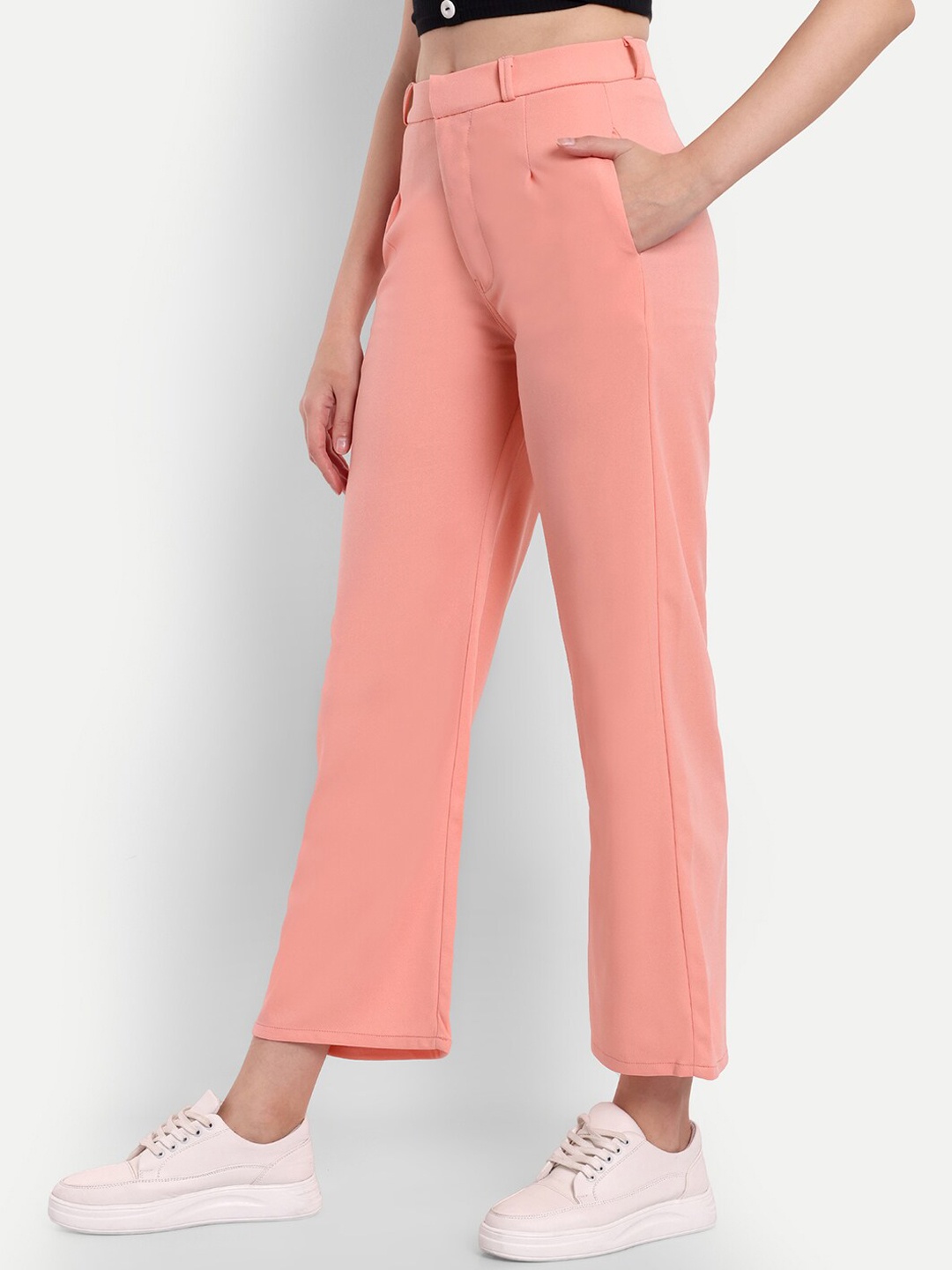 

BROADSTAR Women Straight Fit High-Rise Easy Wash Parallel Trousers, Peach