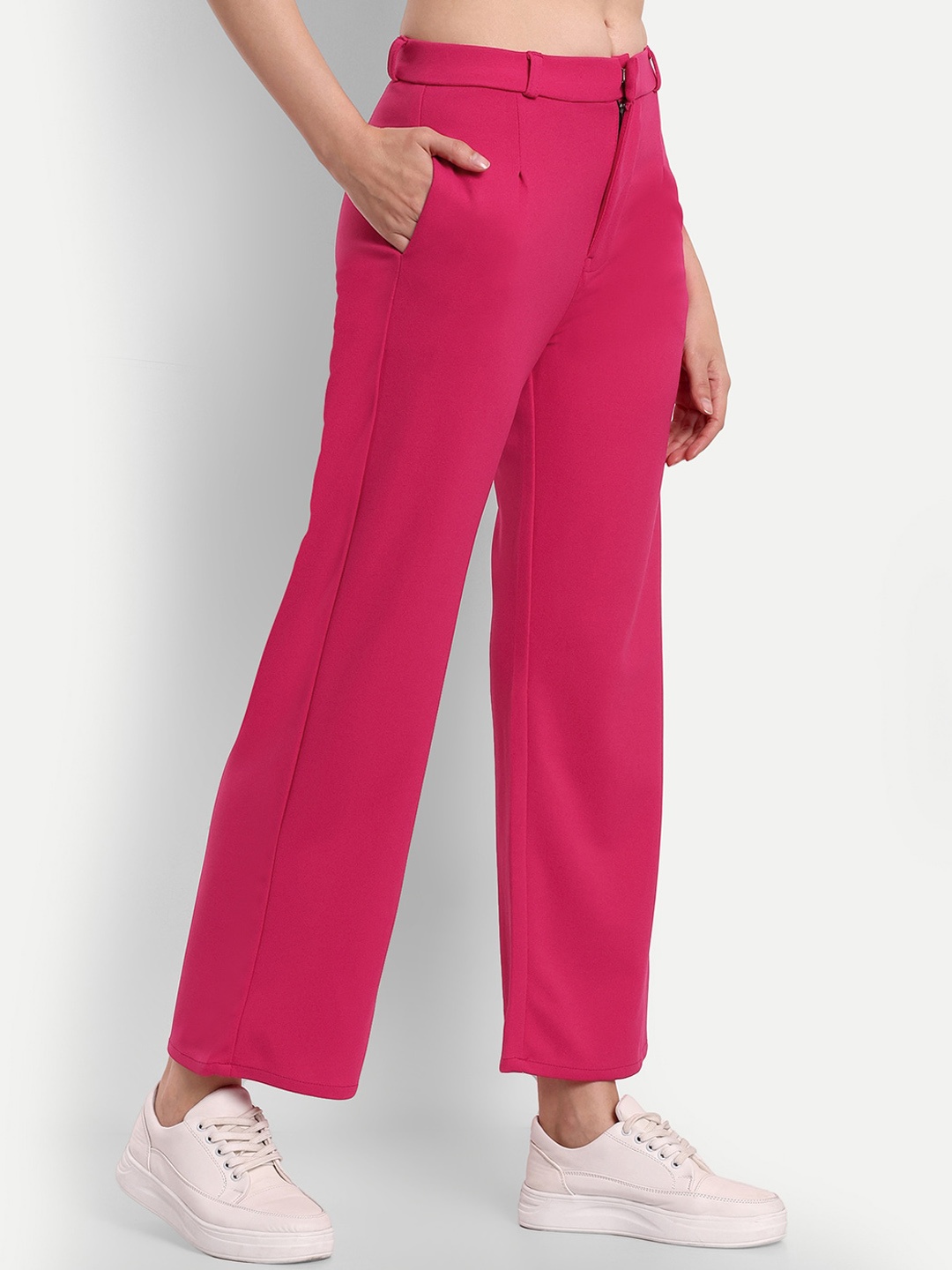 

BROADSTAR Women Straight Fit High-Rise Easy Wash Parallel Trousers, Pink