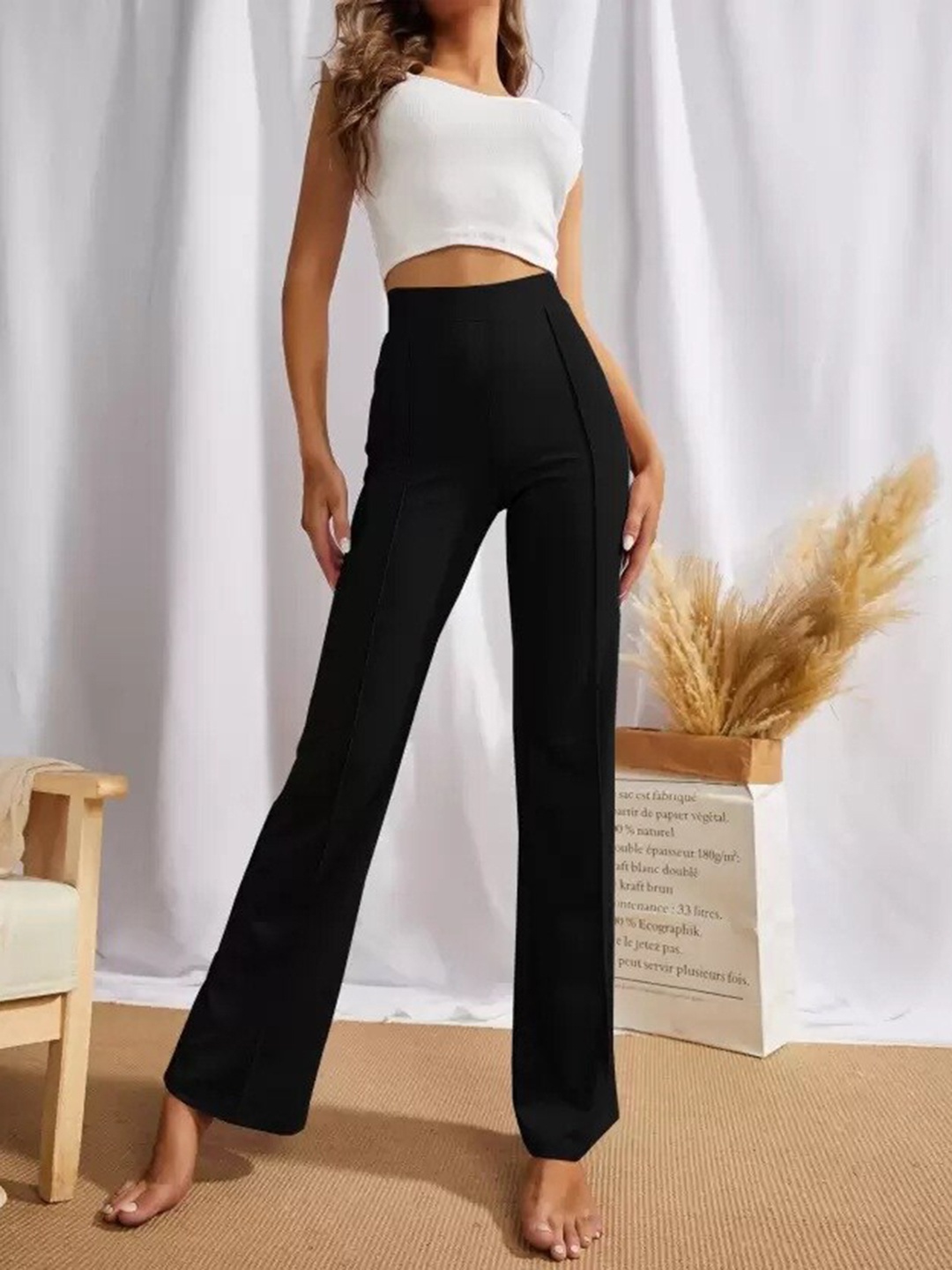 

Hinayat Fashion Women Relaxed High-Rise Easy Wash Bootcut Trousers, Black