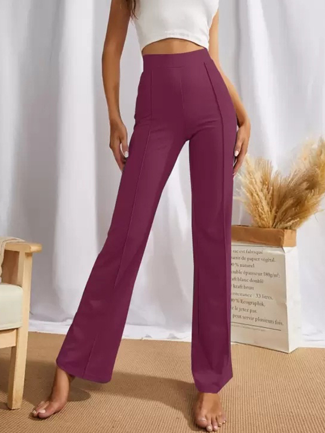 

Hinayat Fashion Women Relaxed High-Rise Easy Wash Bootcut Trousers, Purple
