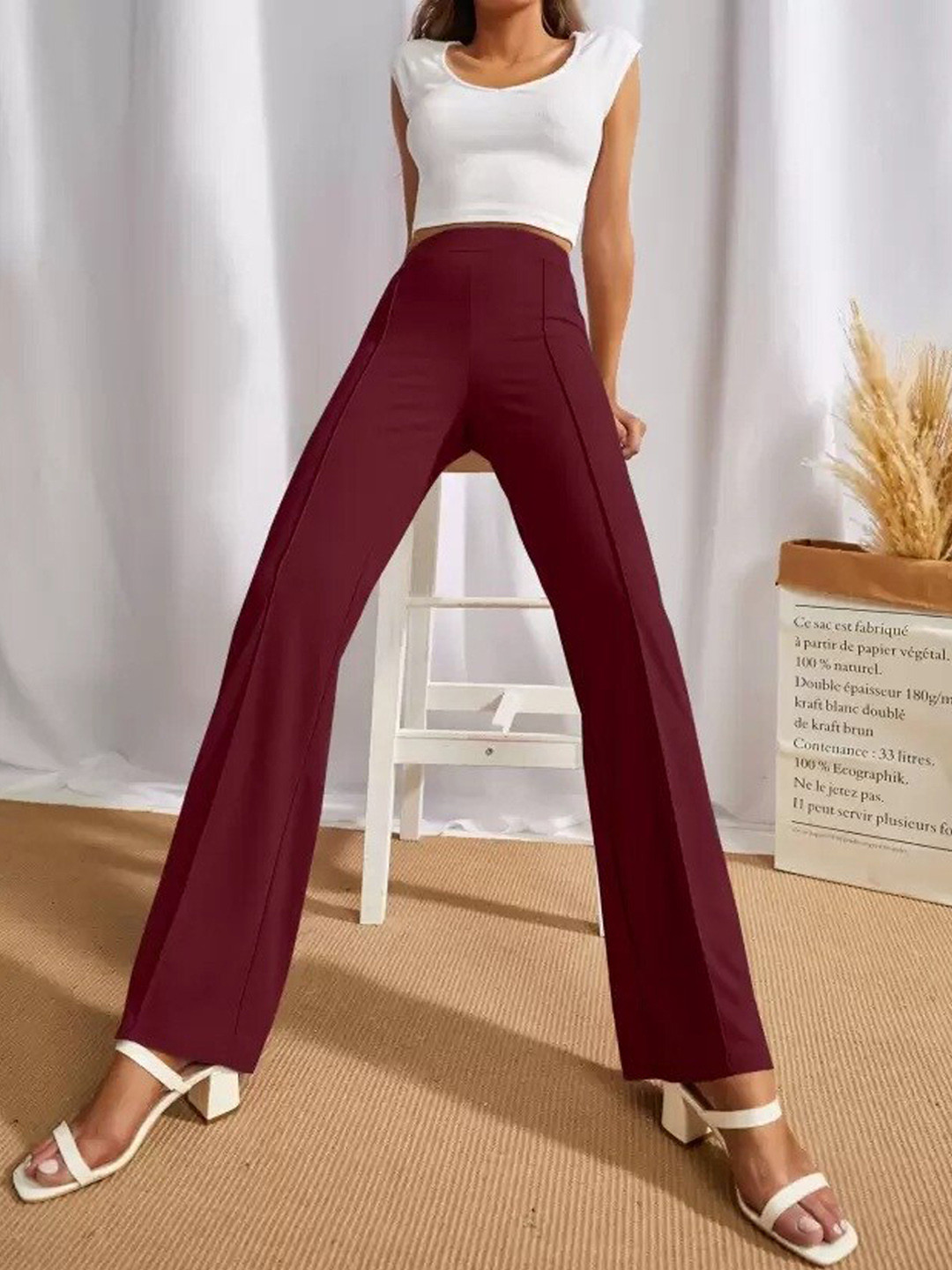 

Hinayat Fashion Women Relaxed High-Rise Easy Wash Bootcut Trousers, Maroon