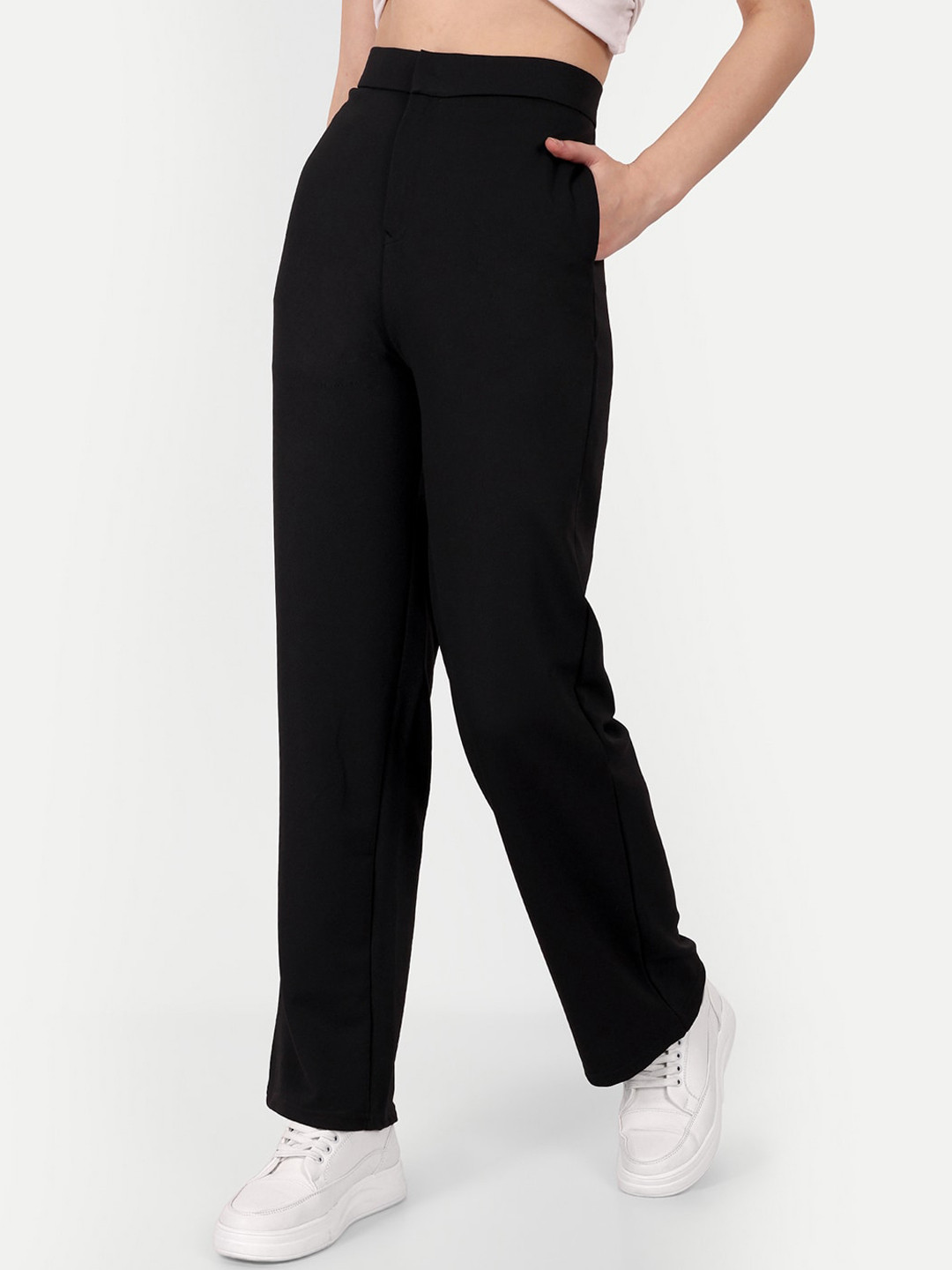 

Next One Women Straight Fit High-Rise Easy Wash Parallel Trousers, Black