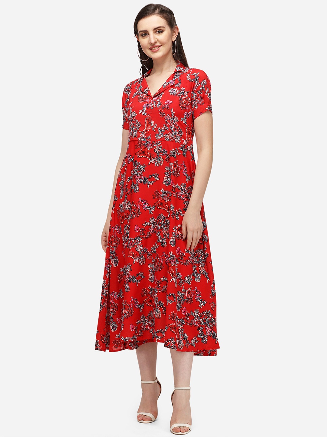

KALINI Floral Printed Shirt Collar A-Line Midi Dress, Red