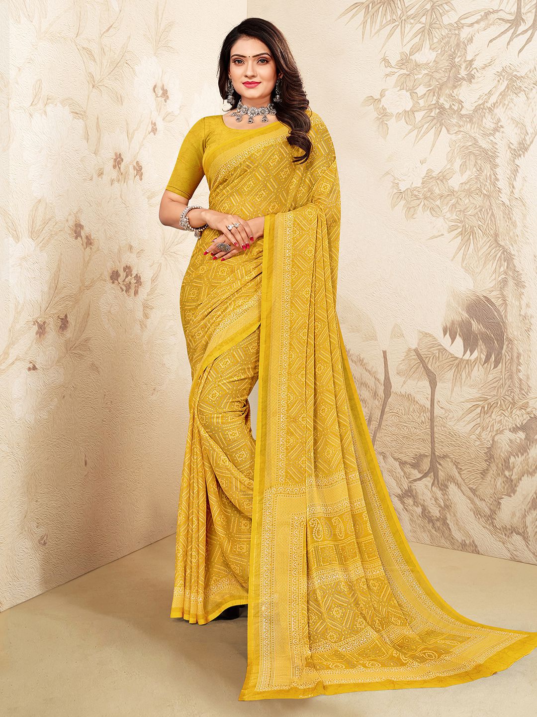 

Mitera Bandhani Printed Saree, Mustard