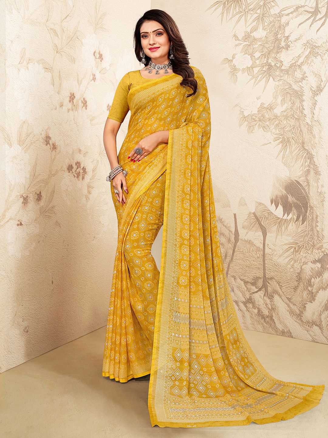 

Mitera Poly Chiffon Bandhani Saree With Blouse Piece, Yellow
