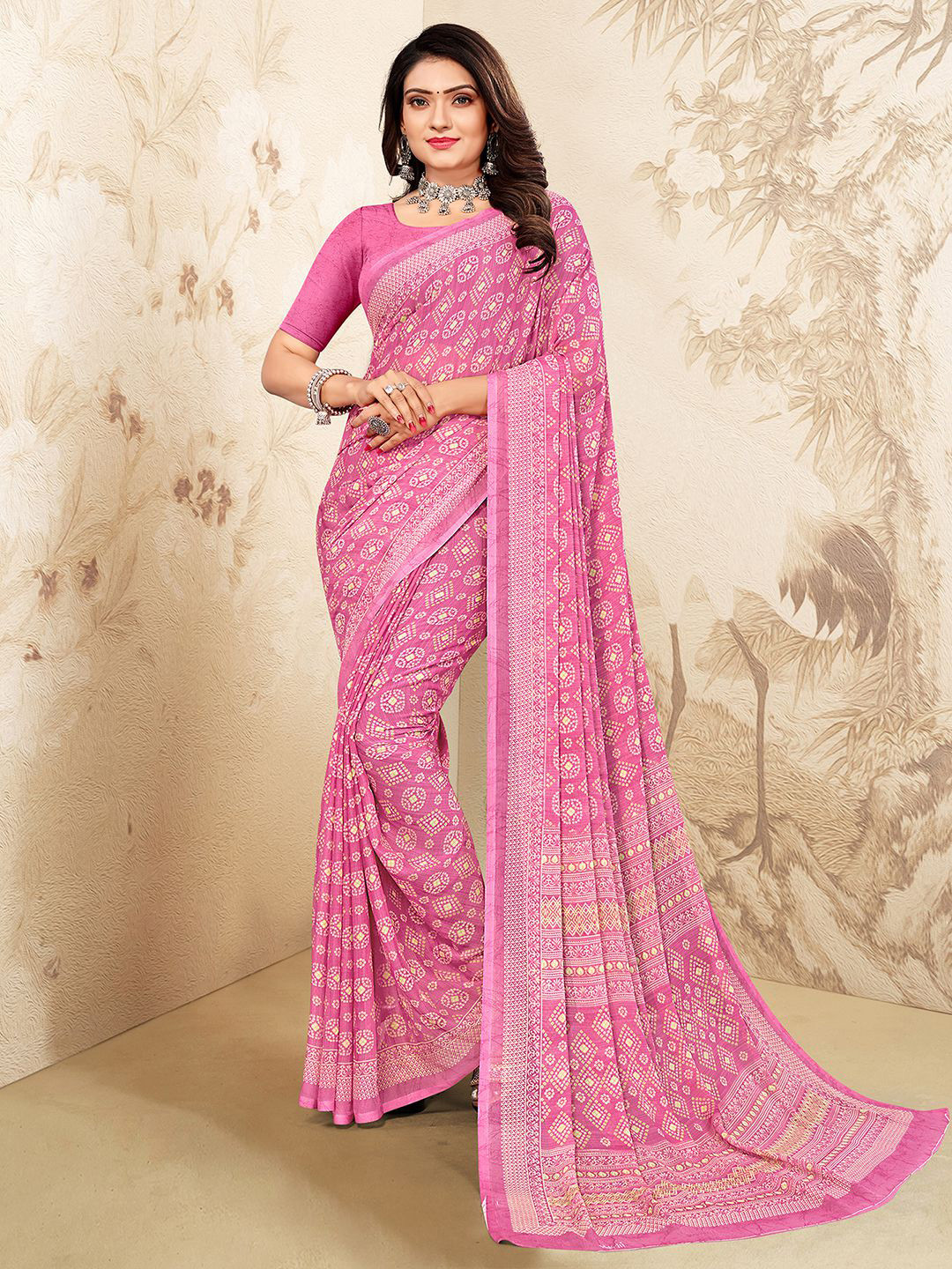 

Mitera Bandhani Printed Saree, Pink