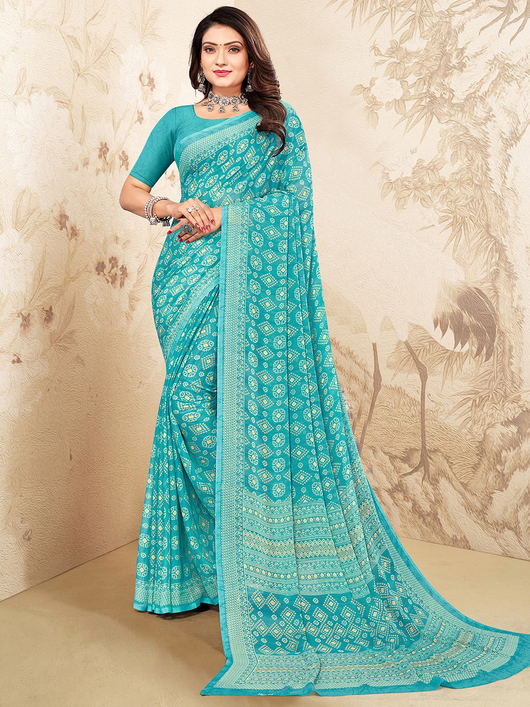 

Mitera Turquoise Blue & White Bandhani Poly Chiffon Bandhani Saree