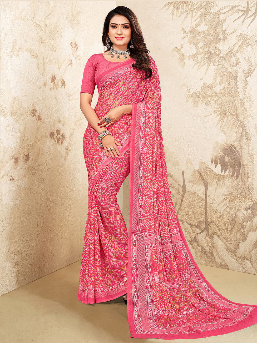 

Mitera Pink & White Bandhani Printed Saree