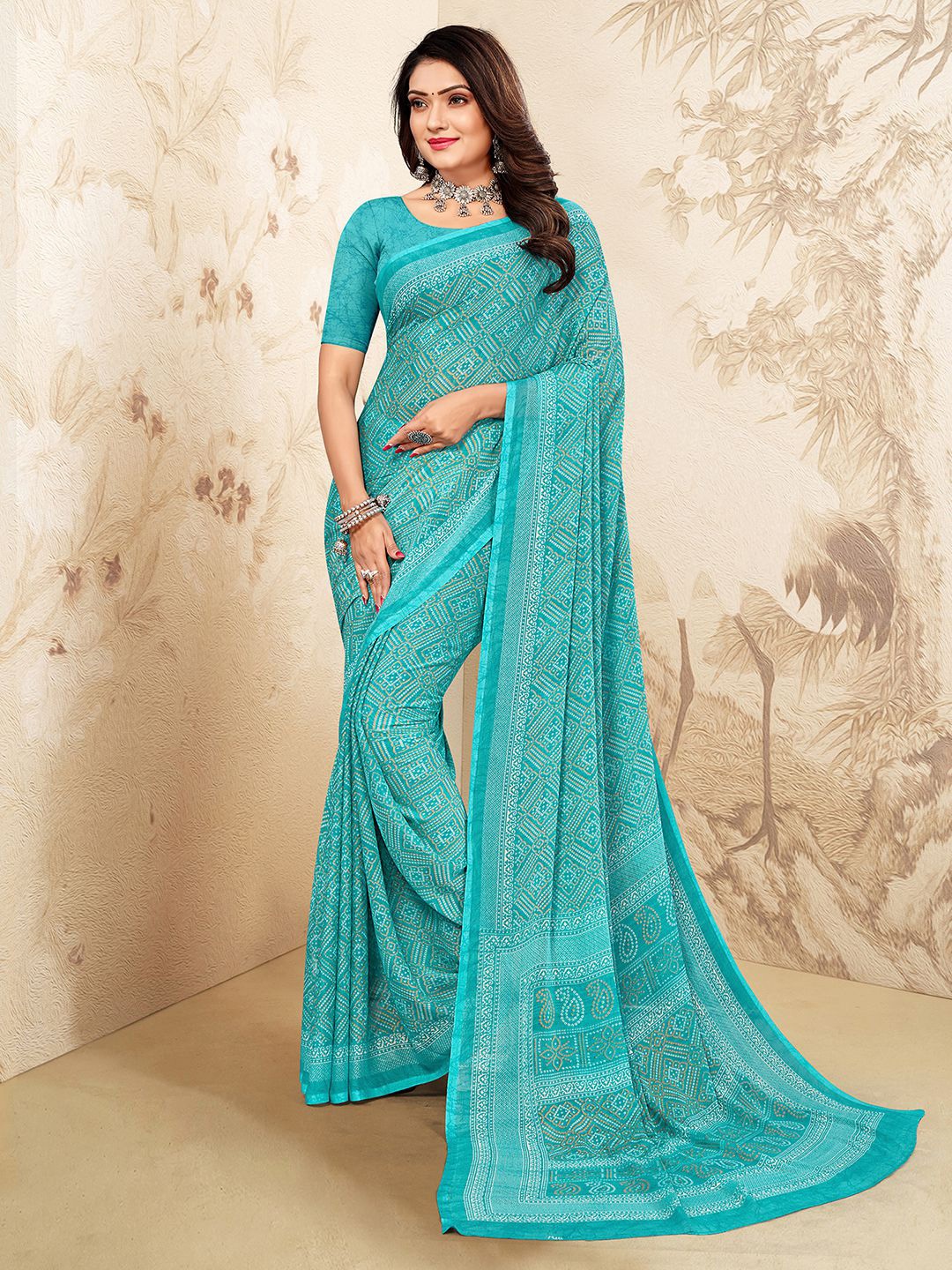 

Mitera Poly Chiffon Bandhani Saree With Blouse Piece, Blue