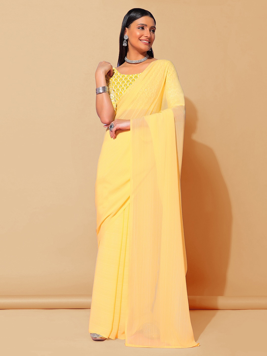 

Satrani Yellow Poly Georgette Saree