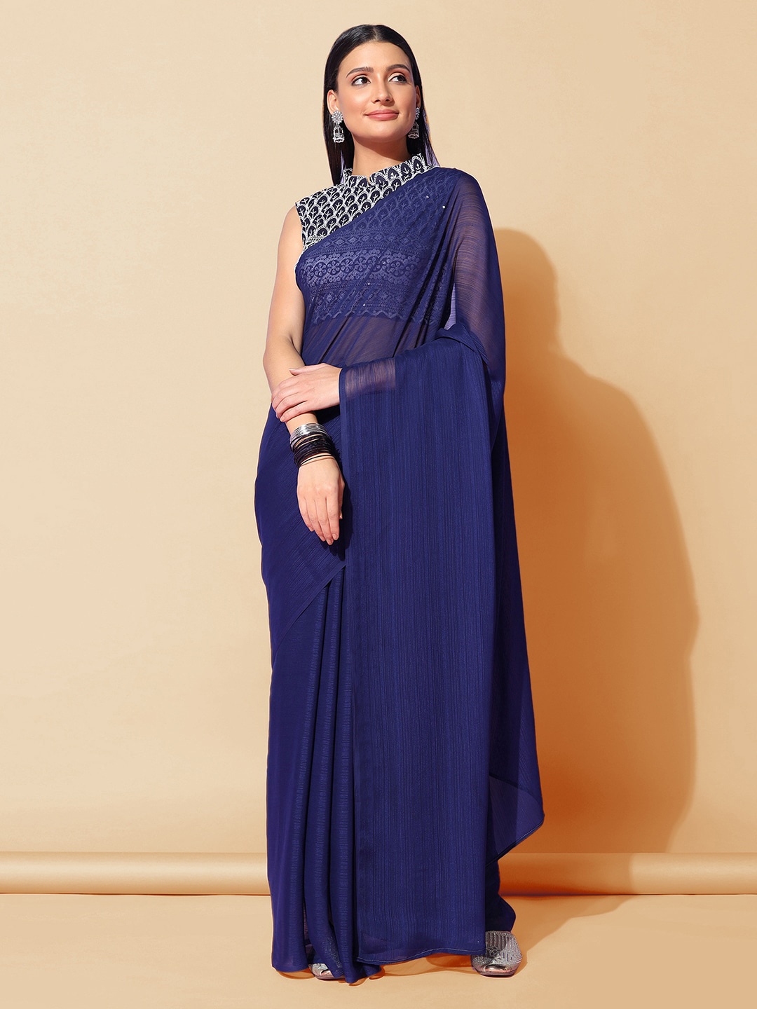 

Satrani Blue Poly Georgette Saree