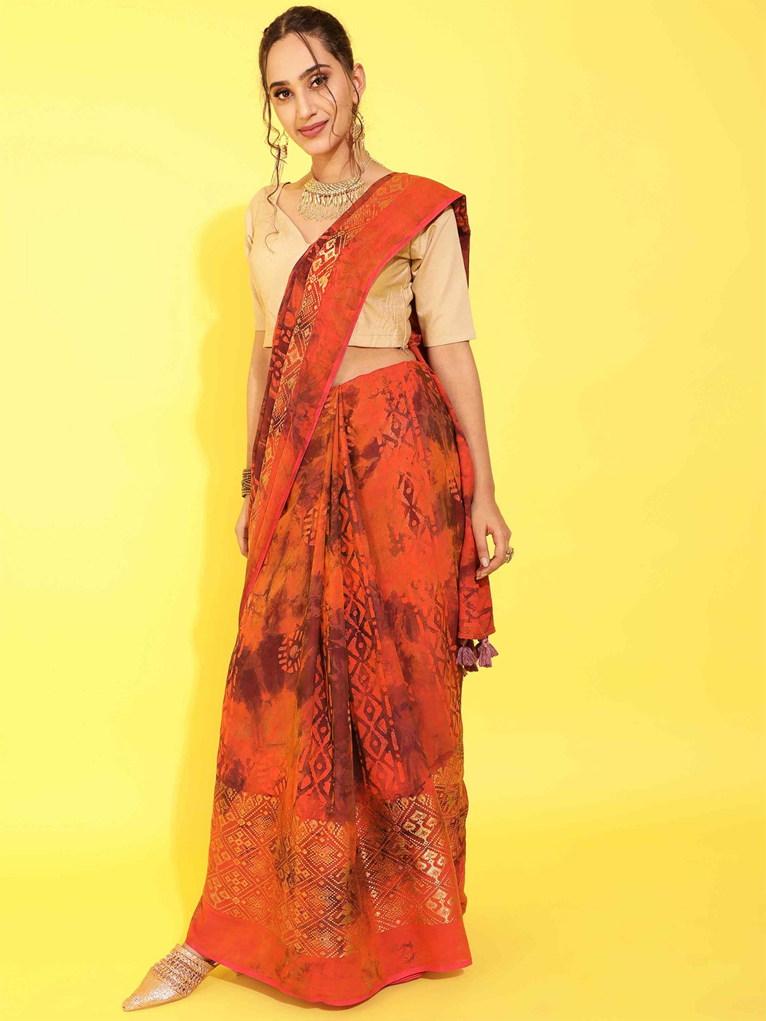 

elora Batik Printed Zari Silk Saree, Orange