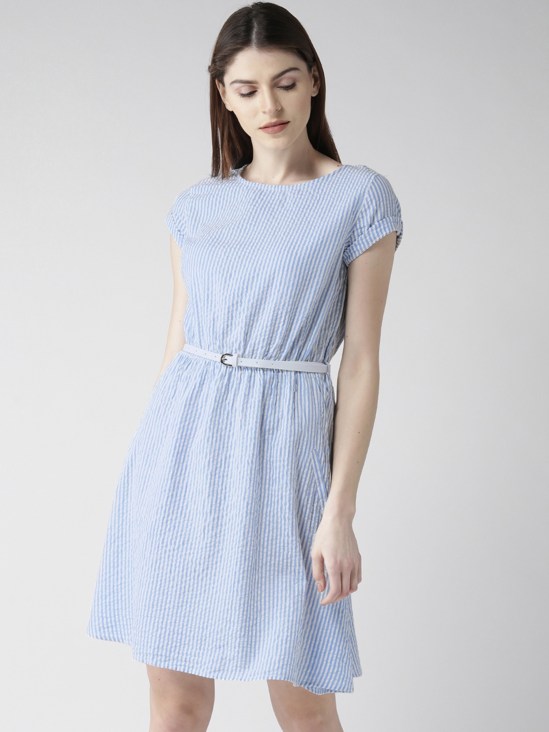 

Mast & Harbour Women Blue Striped Fit & Flare Dress