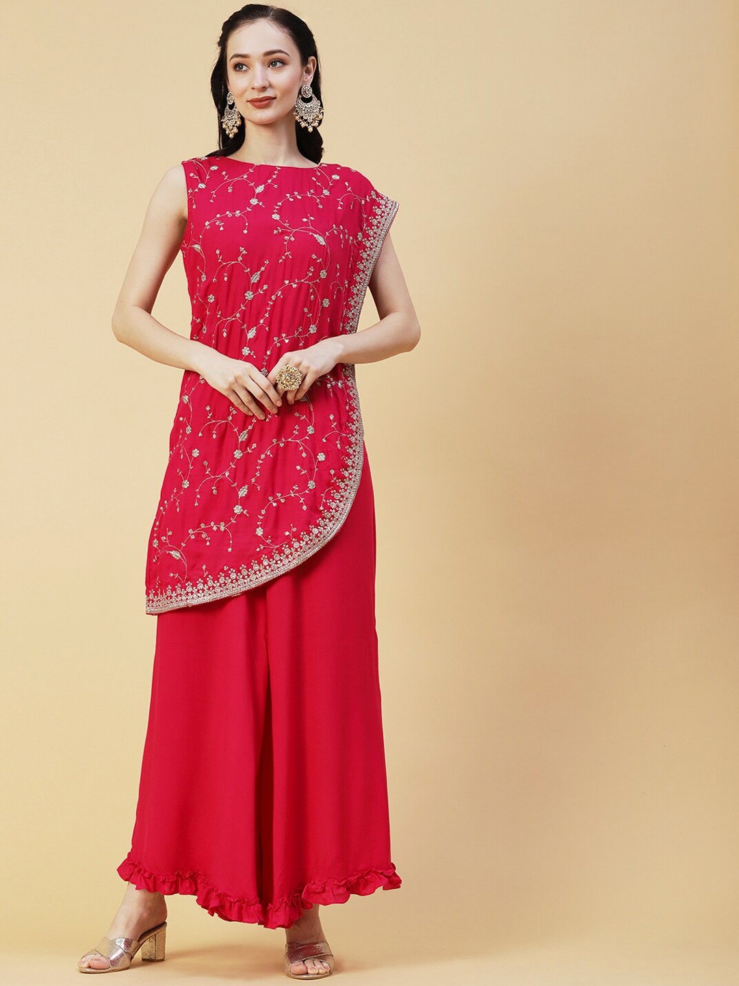 

Envy Me by FASHOR Ethnic Motifs Embroidered Sequined Zari Layered Kurti with Palazzos, Red