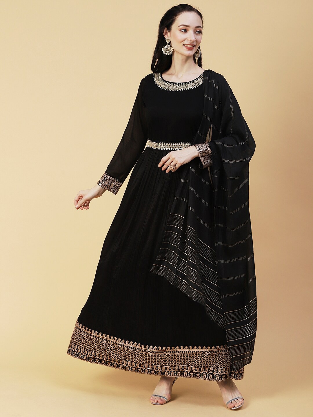 

Envy Me by FASHOR Ethnic Motif Embroidered Fit & Flare Ethnic Dress With Dupatta, Black