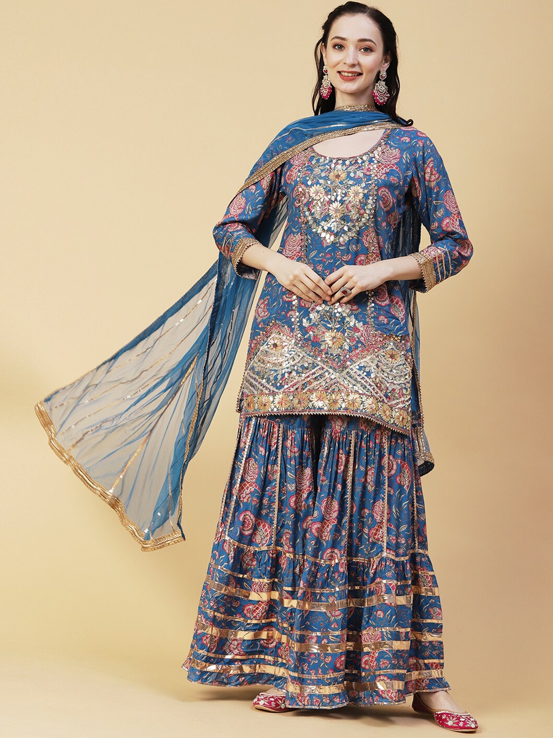 

Envy Me by FASHOR Floral Printed Gotta Patti Kurti With Sharara & Dupatta, Blue