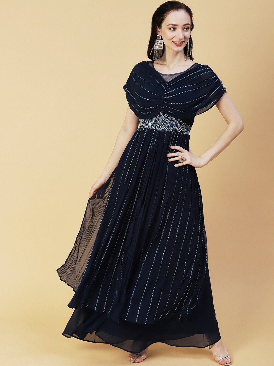 

Envy Me by FASHOR Embroidered Anarkali Mirror Work Kurta With Palazzos, Navy blue